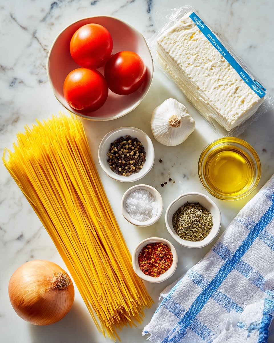 A set of cooking ingredients arranged on a white marbled surface includes a cluster of long, uncooked spaghetti in the center with a bright yellow color and smooth texture, a whole golden-brown onion to the top left, and a whole white garlic bulb below it. Above the spaghetti is a white bowl holding three peeled red tomatoes with a shiny, soft texture. To the right side, there is a rectangular pack of goat's milk cheese wrapped in white and blue packaging. Small bowls near the spaghetti contain black peppercorns, dried green herbs, chili flakes, coarse salt, and a small glass bowl filled with golden-yellow olive oil. A white cloth with blue checks is folded and placed at the bottom right corner. Photo taken with an iphone --ar 4:5 --v 7