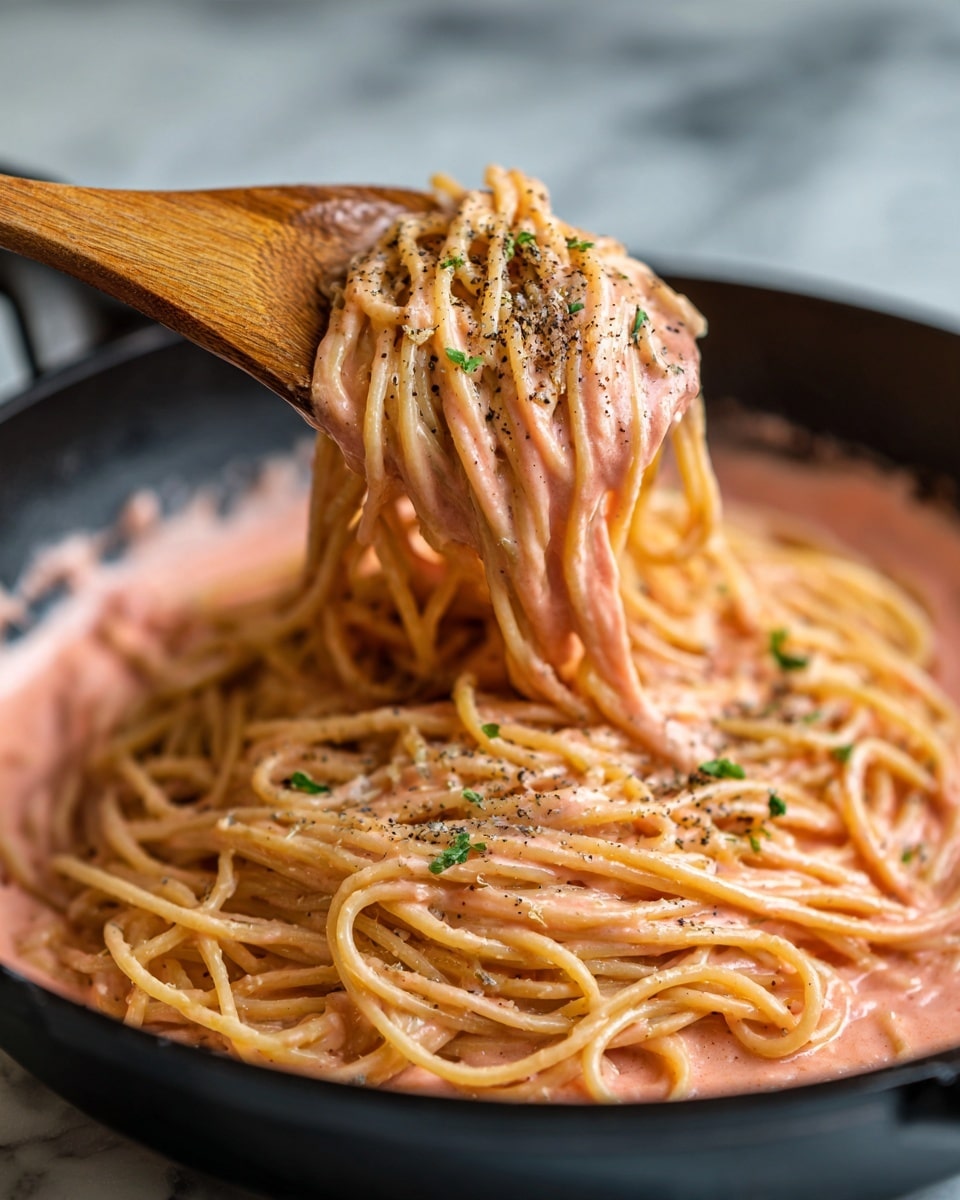 A close-up of spaghetti pasta coated evenly in a creamy light pink sauce. The pasta strands are thick and appear soft, with a sprinkle of black pepper and small green herb pieces on top. A wooden spoon lifts some pasta from a black pan, showing the sauce’s smooth and rich texture. The background has a white marbled texture. photo taken with an iphone --ar 4:5 --v 7