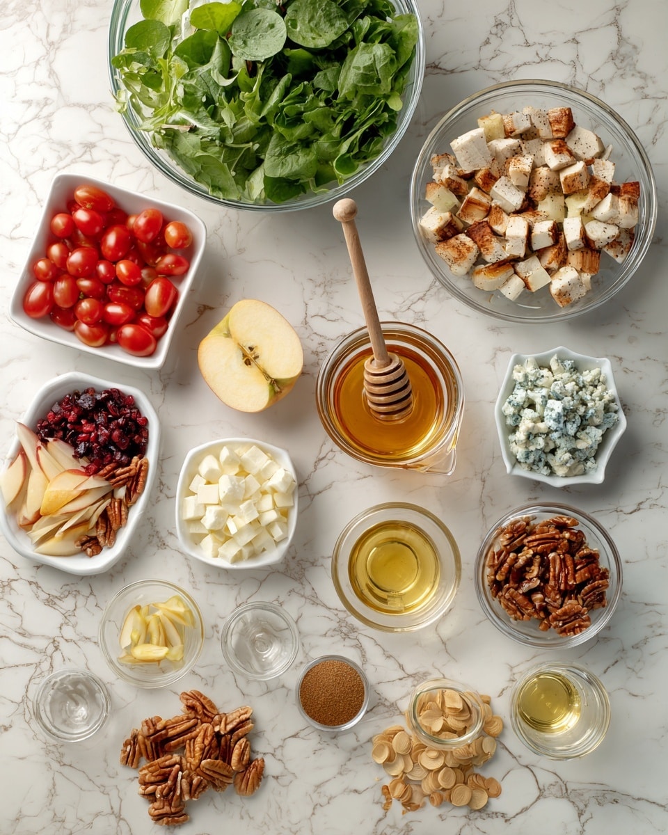 The image shows an overhead view of various ingredients on a white marbled surface. At the top, there are two clear bowls, one filled with fresh green leafy salad mix and the other with diced cooked chicken. To the left, a square white bowl contains halved cherry tomatoes. Below these, there is a glass jar of honey with a wooden honey dipper, and an apple sits nearby. There are several small white bowls and clear containers scattered around with different items: crumbled blue cheese, sliced red onions, dried apple chips, pecans, yellow mustard, light brown sugar, ground spices, and two small glasses of what appears to be olive oil and vinegar. The composition is clean and organized, with each item neatly placed and visible. photo taken with an iphone --ar 4:5 --v 7