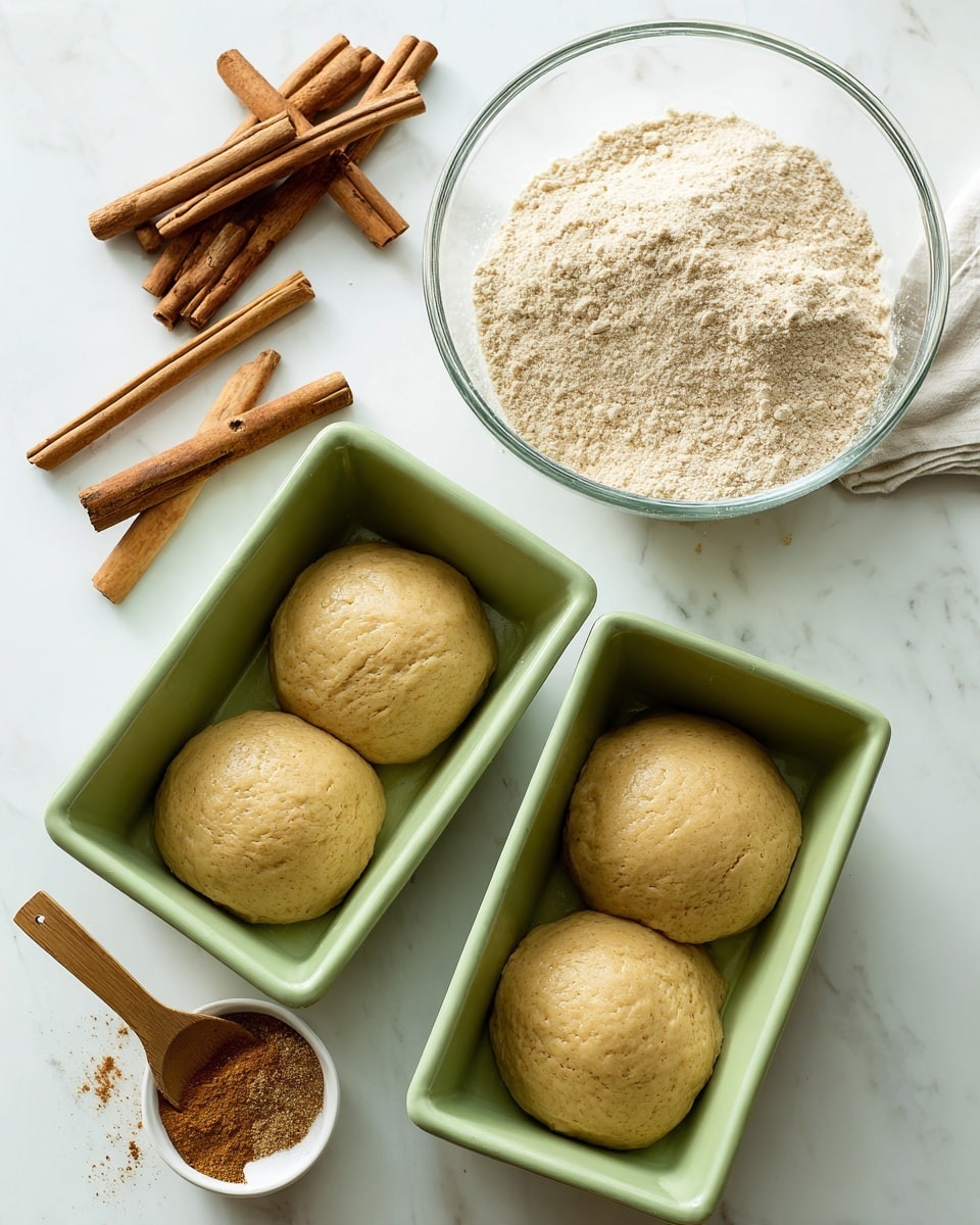 The image shows two light green baking pans filled with light tan dough placed on a white marbled surface. Above the pans, there is a clear glass bowl also filled with the same dough. To the left of the pans, several cinnamon sticks are lying on the surface. In the bottom left corner, there is a small white bowl containing a mix of sugar and cinnamon with a wooden spoon resting in it. The scene is bright and clean, focusing on the dough and cinnamon ingredients. Photo taken with an iphone --ar 4:5 --v 7