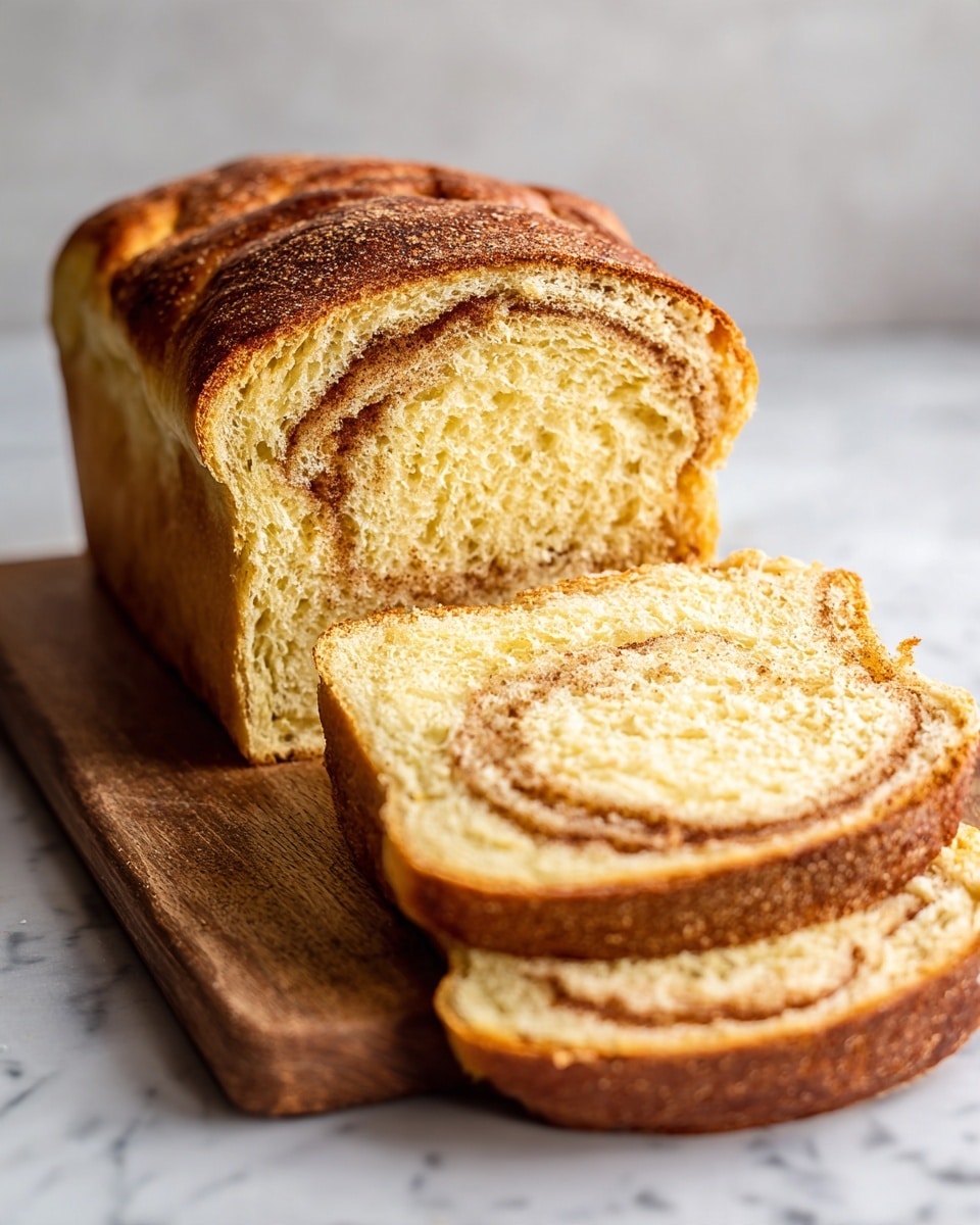 A loaf of golden brown cinnamon swirl bread sits on a wooden board, with two thick slices cut from the front. The bread has a soft, fluffy texture inside with a light yellow color, and a darker, slightly crunchy cinnamon sugar swirl runs through the middle and on the top crust, which is uneven and textured. The board rests on a white marbled surface, and the background is a smooth, light grey. The image shows close details of the bread's crumb and cinnamon layers photo taken with an iphone --ar 4:5 --v 7