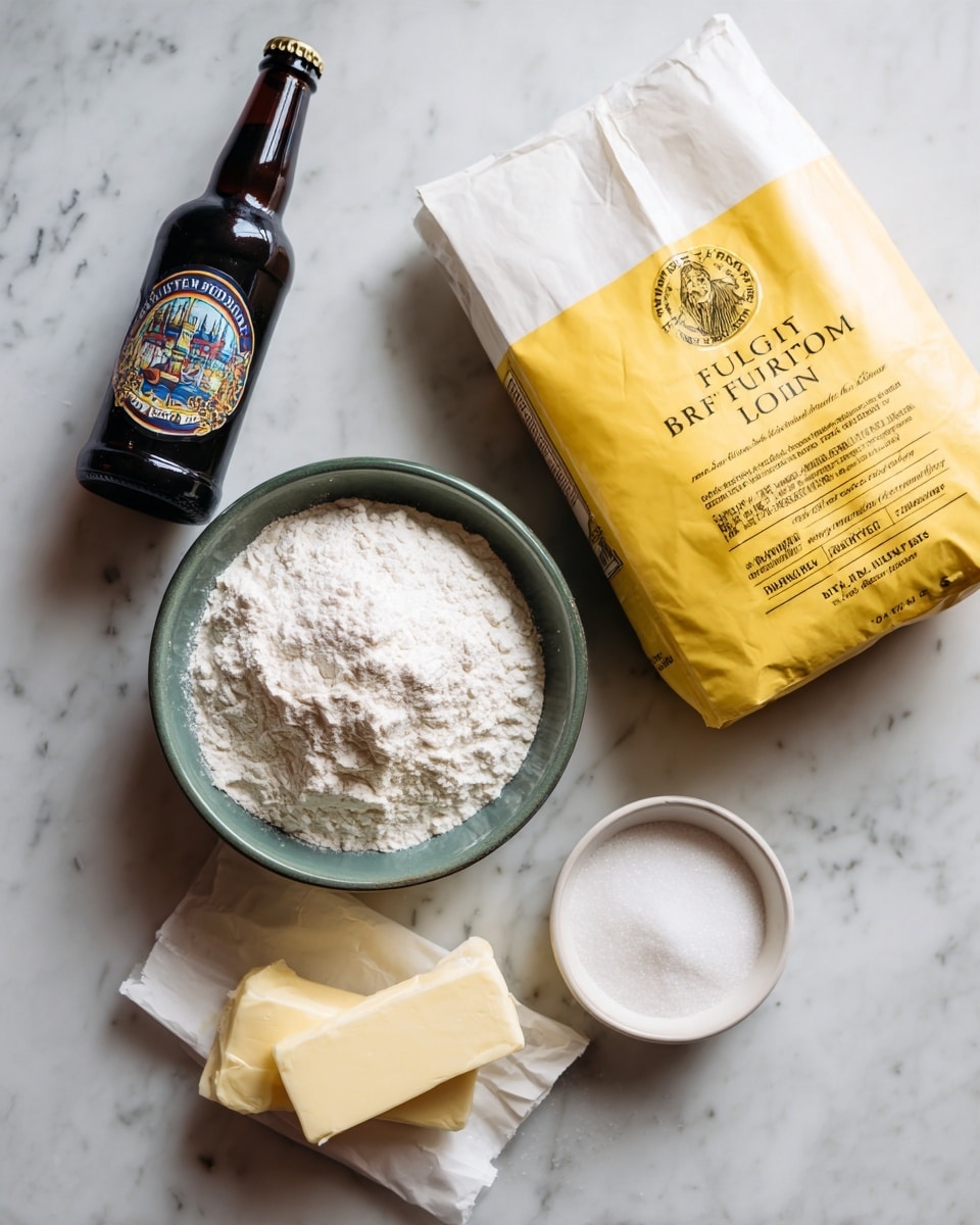 The image shows the ingredients for baking arranged on a white marbled surface. A green bowl filled with white self-rising flour is in the center. To the right is a yellow and white large bag of King Arthur Self-Rising Flour. Below the bowl, there is a stick of salted butter wrapped in yellow paper and a small white bowl filled with white granulated sugar. To the left of the bowl, there is a dark brown glass bottle of Fulton Street Blend beer with a colorful label. The items are spaced out clearly with soft natural light. Photo taken with an iphone --ar 4:5 --v 7
