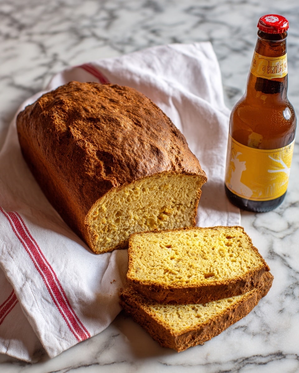 A loaf of golden brown bread with a rough, textured crust, placed on a white cloth with red stripes, is shown with two slices cut from the front. The inside of the bread is light yellow with small holes and bits of ingredients visible. Next to the bread is a clear amber bottle of beer with a yellow label and a red cap resting nearby. The whole scene is set on a white marbled texture surface. photo taken with an iphone --ar 4:5 --v 7