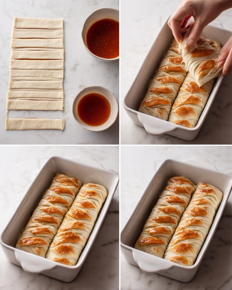 The image shows a step-by-step process of making a layered pastry dish. It begins with rectangular sheets of dough arranged flat, with slits cut along the sides. Next, a filling is placed in the center, then the dough strips are folded over diagonally to cover the filling, creating a braided pattern. The braided rolls are laid in neat rows inside a white baking dish placed on a white marbled surface. A woman's hand is shown lifting one of the prepared rolls to dip into a glossy, reddish-orange sauce in a round white bowl next to the baking dish. The final images show the rolls baked to a golden brown with shiny tops, still arranged neatly in the white dish. photo taken with an iphone --ar 4:5 --v 7