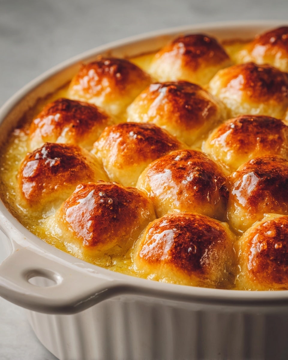 The image shows a white ceramic dish filled with golden brown baked dumplings or rolls placed close together. The dumplings have a shiny, slightly sticky glaze on the surface, and the layer of sauce below is thick and light golden in color, partially covering the dumplings at the base. The texture looks soft and fluffy on the inside with a slightly crispy outside. The white marbled background is blurred, making the dish the main focus. Photo taken with an iphone --ar 4:5 --v 7