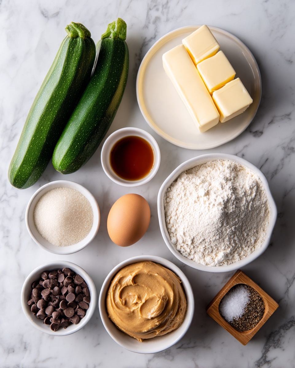 The image shows several cooking ingredients arranged on a white marbled surface. At the top left, there are two whole green zucchinis placed next to each other. To the right, there is a white round plate holding a stick of light yellow butter and a smaller cube of the same butter on top. Above the plate is a small white bowl filled with dark amber liquid. Below and to the right of the butter plate, a single brown egg stands alone. Near the center left, a large white bowl contains light-colored flour. Below it, there is a small white bowl with creamy light brown peanut butter. Beside the peanut butter, a small beige bowl holds packed brown sugar. To the lower left, a white bowl is filled with small dark brown chocolate chips. At the bottom right corner, a small wooden dish holds both white granulated salt and ground black pepper side by side. The photo taken with an iphone --ar 4:5 --v 7