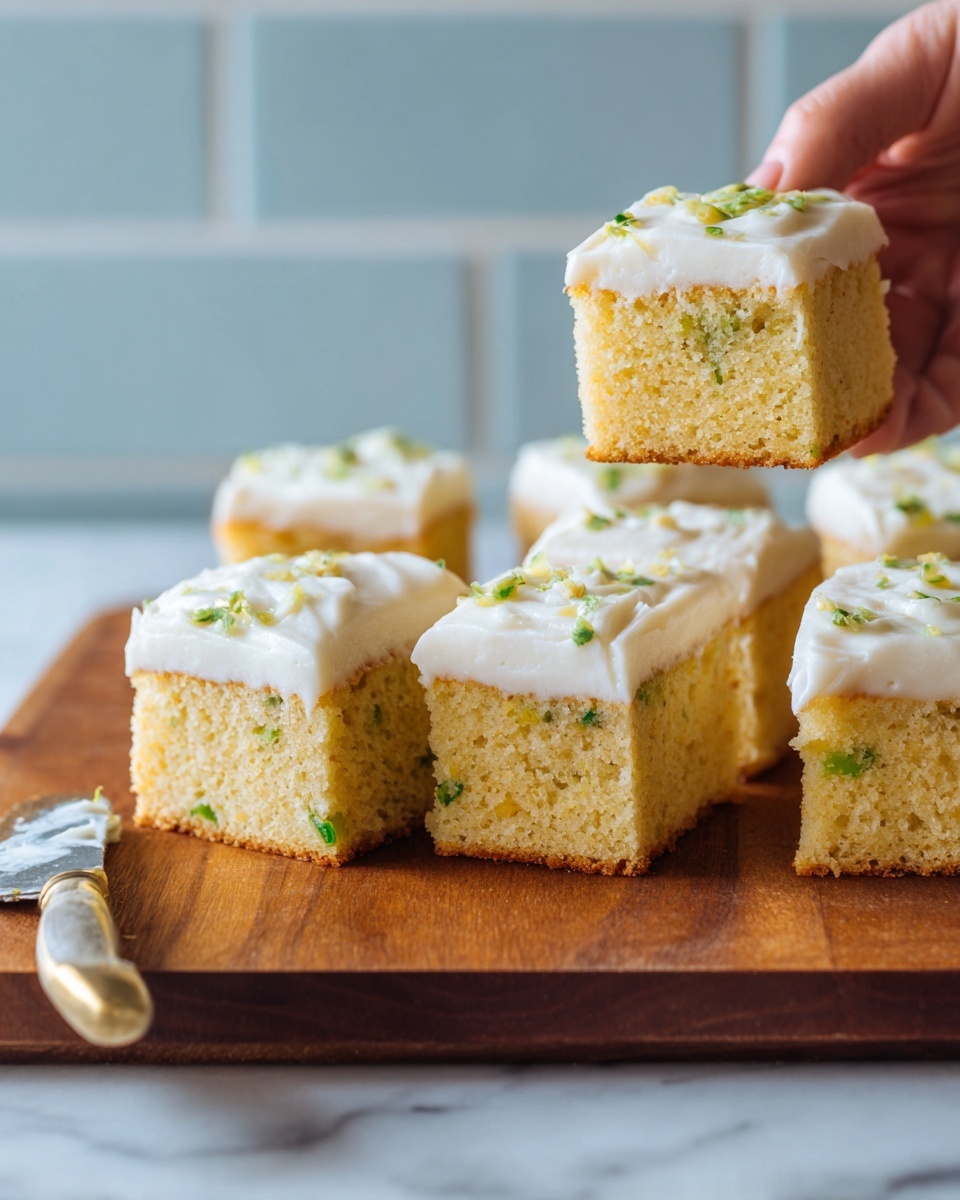 The image shows several square pieces of yellowish cake with small green specks inside, each topped with a thick, creamy white frosting layer that looks smooth but slightly uneven. The cakes are placed on a wooden board with a small knife covered in frosting to the side. One piece of cake is being held by a woman's hand from the side. The background features a white marbled surface and tiled walls in light blue. photo taken with an iphone --ar 4:5 --v 7