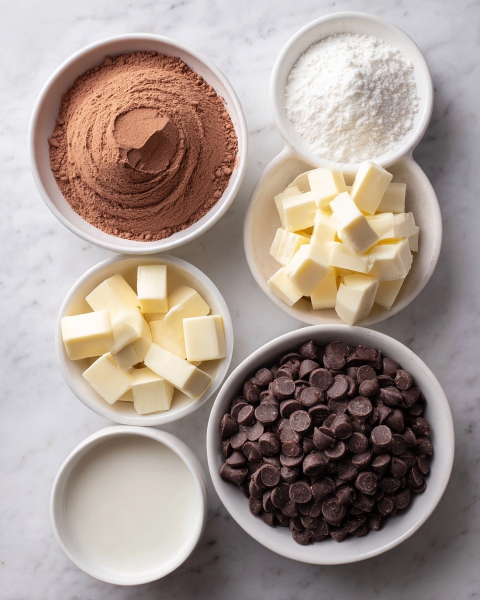 Five white bowls sit on a white marbled surface, each holding different ingredients. The largest bowl at the top left is filled with light brown cocoa powder, swirled slightly on top. To its right, a medium white bowl contains pale yellow powdered sugar with a soft, crumbly texture. Below the cocoa powder is a small white bowl filled with small cubes of light yellow butter. In the center bottom, a medium white bowl holds smooth, white milk. To the right, another large white bowl is full of shiny dark brown chocolate chips, packed closely together. Photo taken with an iphone --ar 4:5 --v 7