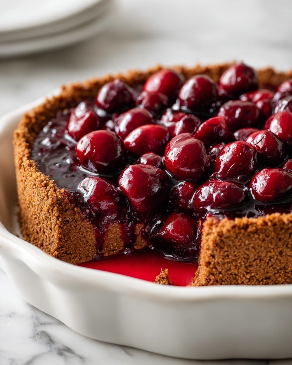 The image shows a white dish with a two-layer dessert. The top layer is a thick, textured brown crust with a slightly cracked surface. The bottom layer is a shiny and bright red filling filled with whole cherries and some syrup pooling in the dish. The filling looks juicy and smooth with vivid red and deep purple colors mixed with the brown crust edges. The background is a white marbled texture. photo taken with an iphone --ar 4:5 --v 7