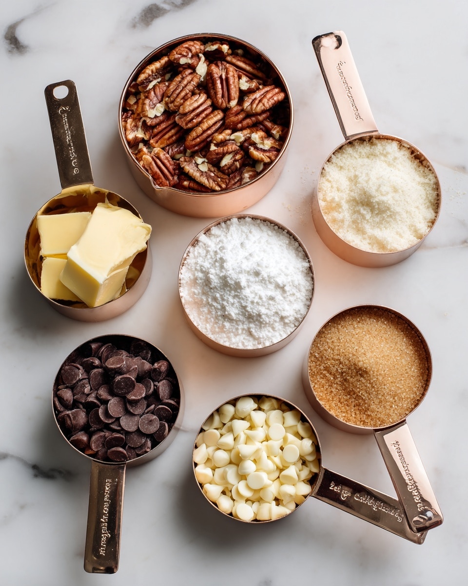 The image shows seven measuring cups filled with baking ingredients arranged on a white marbled surface. From top center, a copper measuring cup holds chopped pecans with a silver handle. Below it, a white measuring cup with a silver handle contains white flour. To the left, a white measuring cup has yellow butter. In the middle bottom, a white measuring cup holds dark chocolate chips, while above it, a smaller white cup contains white chocolate chips. To the right, a white cup is filled with light brown sugar, and above it, another cup holds white sugar with a silver handle. Each cup has a visible handle with measurements written on it. Photo taken with an iphone --ar 4:5 --v 7