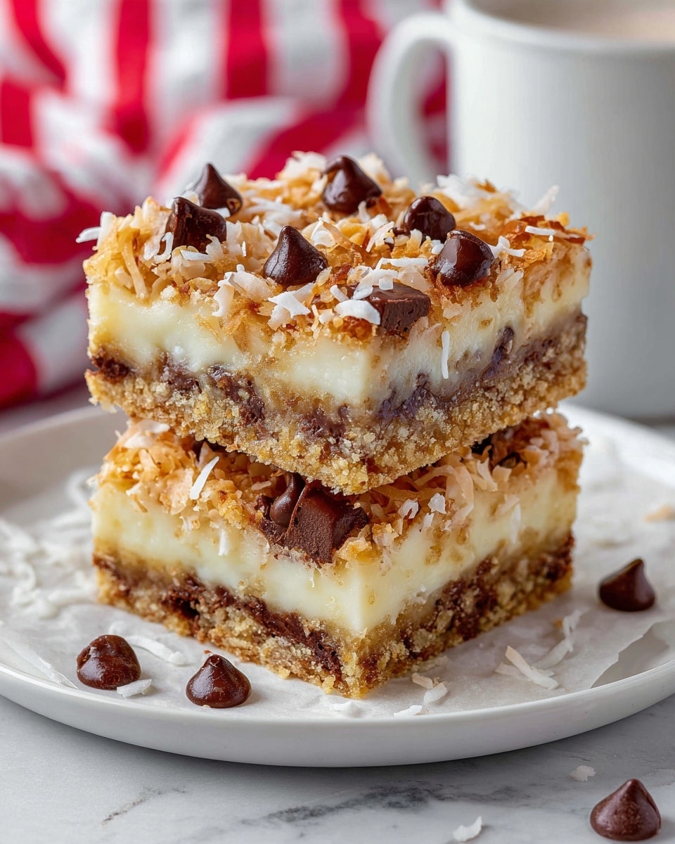 The image shows two thick dessert bars stacked on top of each other on a white plate with a white marbled surface below. The bars have three clear layers: a crumbly golden-brown base, a middle creamy light layer with dark chocolate chunks, and a top covered with toasted coconut flakes and large shiny dark chocolate chips. The texture looks soft and moist with some melted bits around the edges. In the background, there is a red and white striped cloth and a white mug. photo taken with an iphone --ar 4:5 --v 7