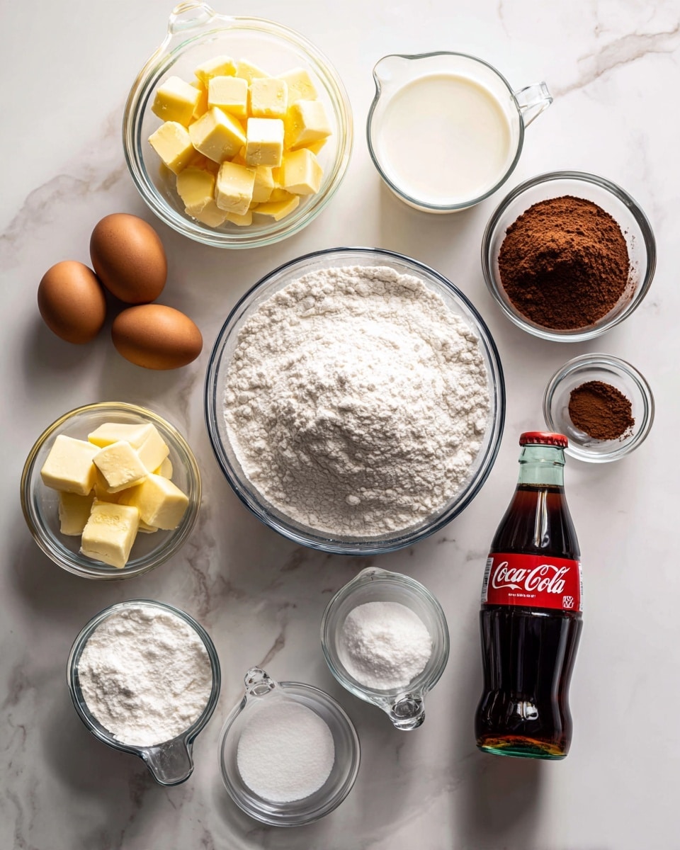 A top-down view shows several clear glass bowls and small jars arranged neatly on a white marbled surface. In the center is a large glass bowl filled with white flour, surrounded by smaller bowls containing yellow cubed butter, brown cocoa powder, white granulated sugar, and a small jar of vanilla extract. There are also two brown eggs placed close together on the surface. A clear glass measuring cup holds milk, and a glass bowl contains white cream or yogurt. A small jar of white granulated salt and a small container of white baking powder are also visible. A glass Coca-Cola bottle is placed near the center, adding a dark brown color to the image. The scene is clean and well-organized with a bright natural light. photo taken with an iphone --ar 4:5 --v 7