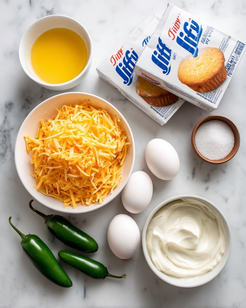 Two boxes of Jiffy corn muffin mix with bright white and blue packaging are placed on a white marbled surface. Next to them is a white bowl filled with a large pile of shredded orange cheese. Below that are two white eggs side by side. To the left, there is a small white bowl filled with melted yellow butter and a small brown bowl with white sugar granules. At the bottom right, a white bowl contains a thick white creamy substance. At the bottom left, there are three fresh green jalapeño peppers grouped together. The photo taken with an iphone --ar 4:5 --v 7