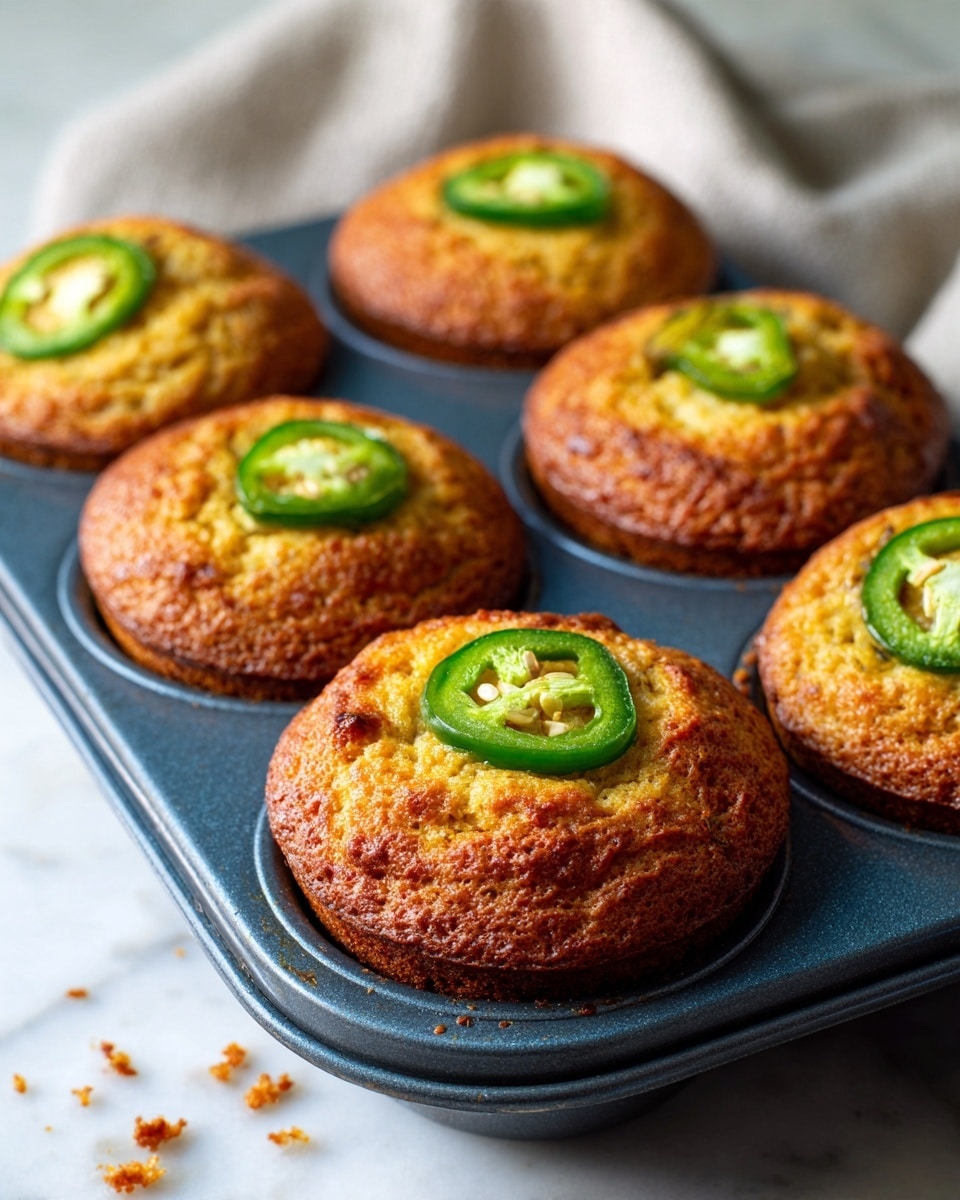 Five golden brown muffins sit in a blue metal muffin tray, each muffin topped with a few slices of green jalapeño peppers showing their seeds. The muffins have a slightly rough texture with some darker golden spots, and they rise well above the rim of the tray. Small crumbs are scattered around the tray. The background is a white marbled surface with a soft fabric visible in the upper right corner. photo taken with an iphone --ar 4:5 --v 7