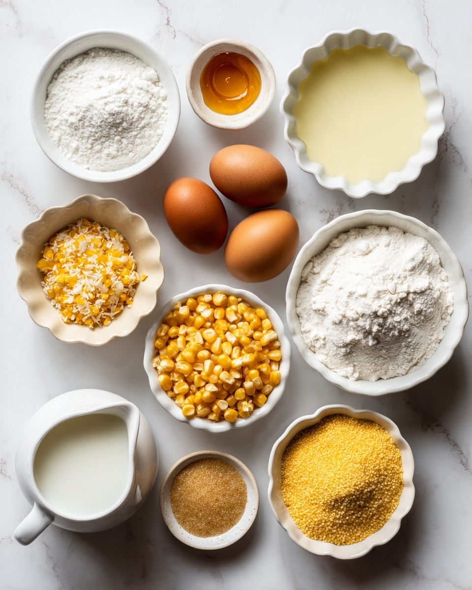 Top view of various ingredients arranged neatly on a white marbled surface. There are two brown eggs in the center, with a small white bowl of white powder next to them on the left and a white scalloped bowl of pale yellow liquid on the right. Below the eggs, there is a small beige bowl filled with golden honey and a white scalloped bowl filled with white flour to the right. Below these, there is a white bowl full of yellow corn kernels on the left and two white scalloped bowls filled with yellow cornmeal and light brown sugar on the right. At the bottom left, a small white pitcher holds white milk. The arrangement is clean and balanced, showing all ingredients distinctly. Photo taken with an iphone --ar 4:5 --v 7