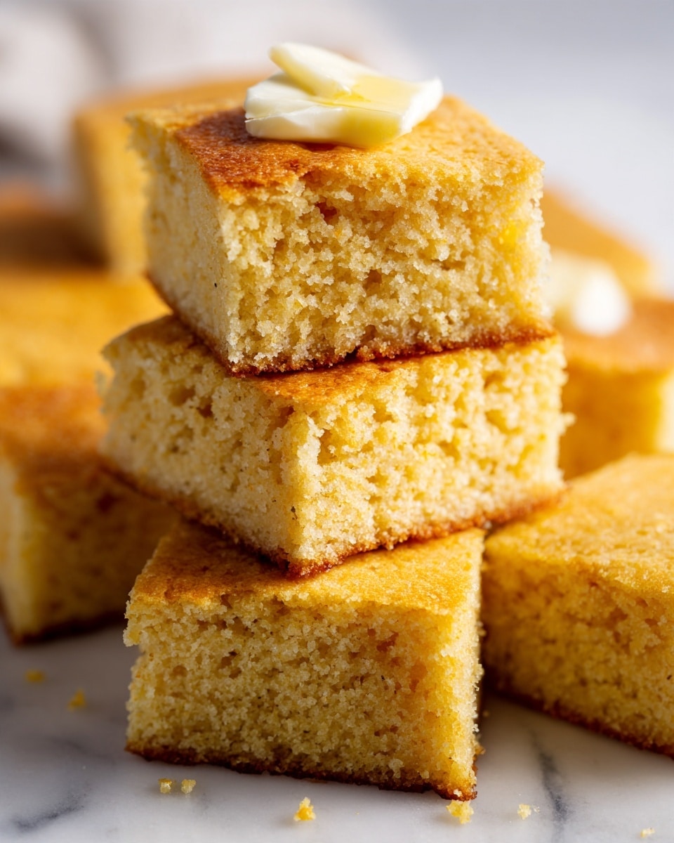 A stack of light brown cornbread squares sits on a white marbled surface, with one square placed on top of another at the center. The cornbread pieces have a soft, crumbly texture and a slightly golden crust on the edges. The top cornbread square has a small dollop of pale yellow butter melting on it, adding a smooth contrast to the rough texture of the bread. The background is softly blurred, emphasizing the cornbread stack in the foreground. photo taken with an iphone --ar 4:5 --v 7