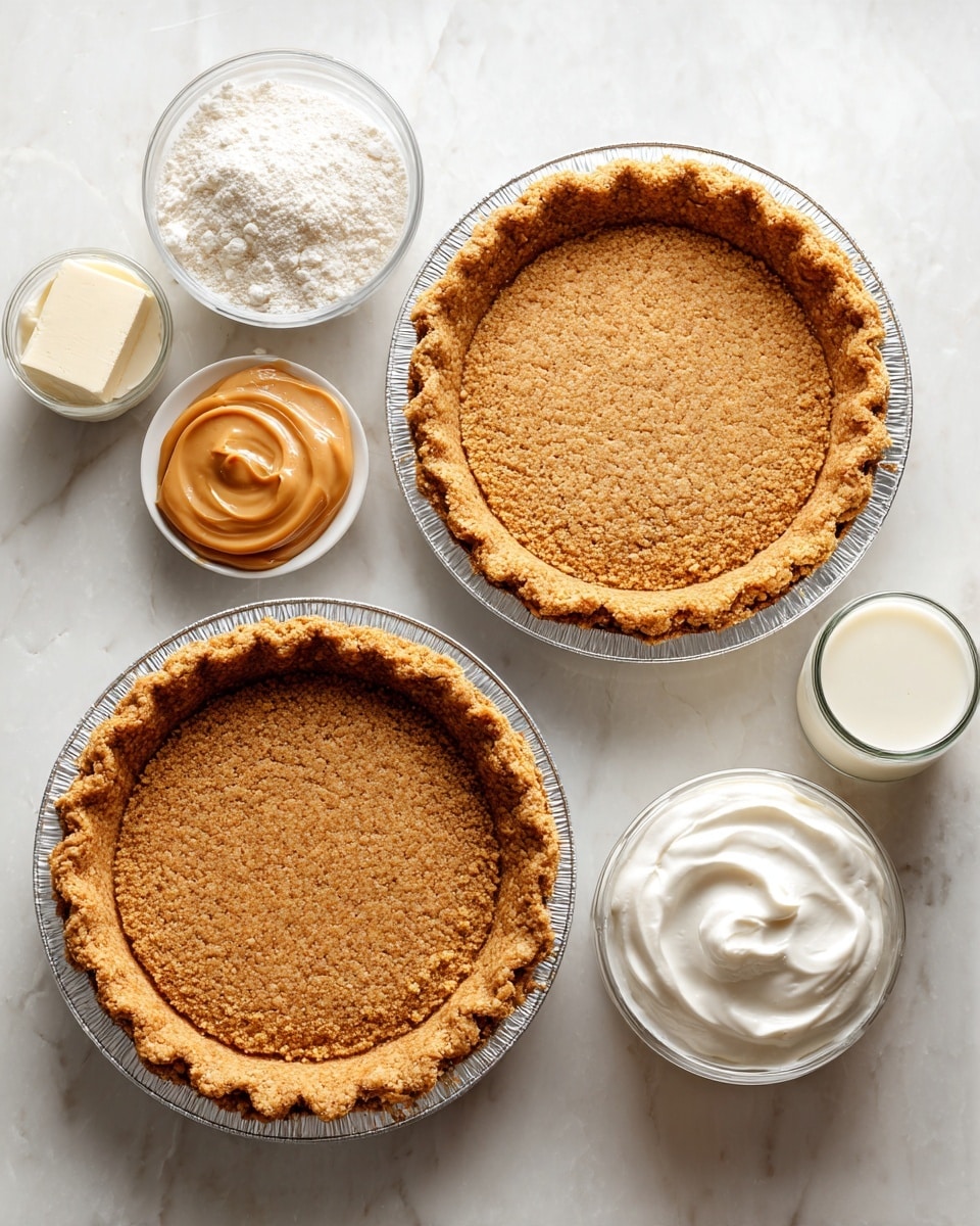 Two empty golden brown pie crusts with a crumbly texture sit side by side in foil pans on a white marbled surface. Around them are six small containers with ingredients: a clear glass bowl of white powder, a small white plate holding a block of cream cheese, a clear glass cup filled with creamy milk, a small clear bowl with smooth orange peanut butter, and a white tub of white cream with a smooth swirl in the center. The layout is neat and well-lit with a soft natural light. photo taken with an iphone --ar 4:5 --v 7