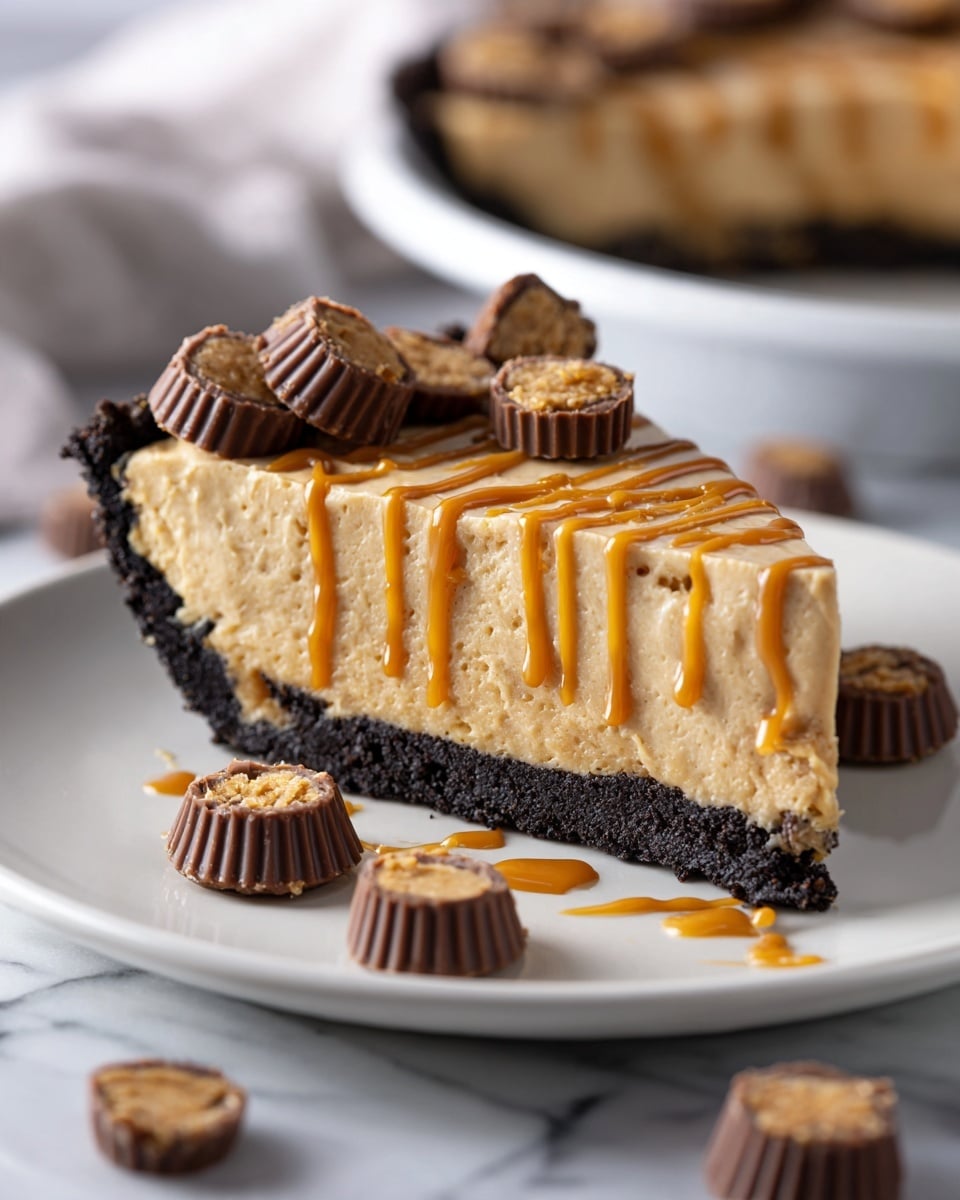 A slice of pie with three visible layers sits on a white plate over a white marbled surface. The bottom layer is a dark, crumbly crust with a rough texture, supporting a thick middle layer of creamy, light brown peanut butter filling. On top, there is a light drizzle of caramel-colored sauce creating thin, uneven lines across the surface. Scattered over the top are several small, dark chocolate peanut butter cup pieces, some whole and some broken, adding contrast with their ridged, smooth texture. Around the plate, a few more of these peanut butter cups lie casually placed. Photo taken with an iphone --ar 4:5 --v 7