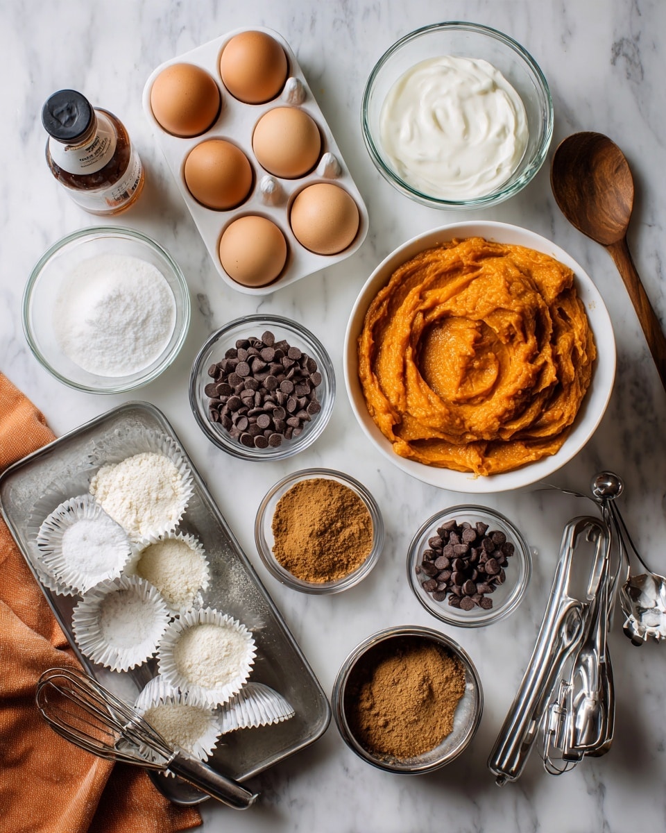 The image shows baking ingredients laid out on a white marbled surface. From top right, there is a white bowl filled with smooth orange pumpkin puree. To the left, a glass jar of white milk stands beside three brown eggs, two in a white egg tray and one loose. Beneath these, there’s a bottle of vanilla extract, a small glass bowl of white baking soda, and a glass bowl filled with white sugar. Below the sugar, a small clear bowl holds brown cinnamon powder, and next to it is a bowl with light brown packed brown sugar. There are also a few dark chocolate chips scattered near a metal measuring cup filled with more chocolate chips. Several metal measuring spoons and cups are spread out nearby. A striped metal cupcake tray holds white paper cupcake liners, some stacked and some loose. A clear glass mixing bowl with a wooden spoon lies near the lower right corner, and an orange cloth is partially visible at the bottom left. All items are shown neatly arranged and ready for baking preparation. photo taken with an iphone --ar 4:5 --v 7