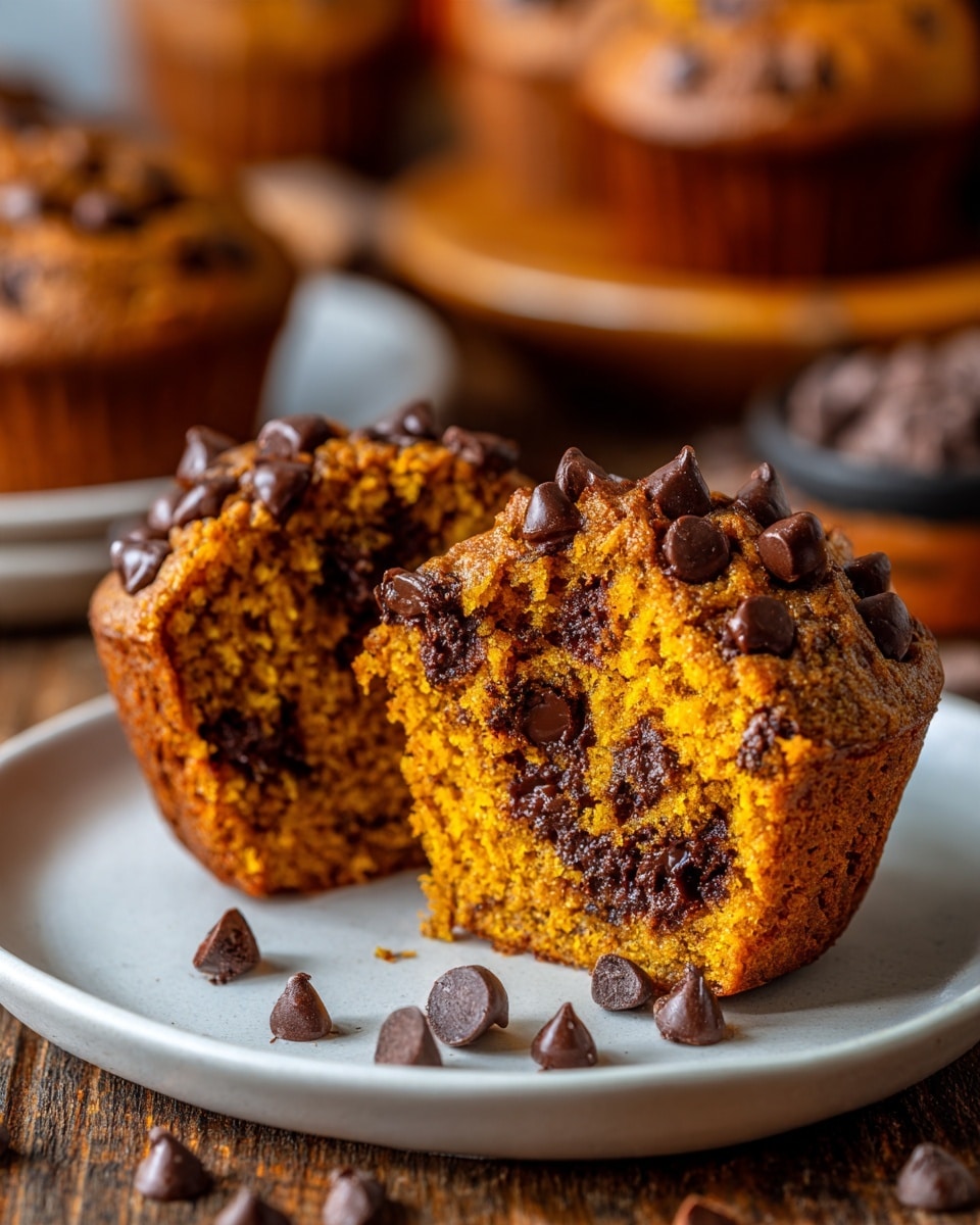 A close-up of a pumpkin chocolate chip muffin sliced in half, showing a moist, soft orange interior filled with melted and solid dark brown chocolate chips scattered inside and on top. The muffin rests on a white plate with a smooth surface, placed on a wooden table with extra chocolate chips around it. More whole muffins with the same orange and chocolate chip pattern are out of focus in the background. The image has warm, bright lighting and a cozy feel. photo taken with an iphone --ar 4:5 --v 7