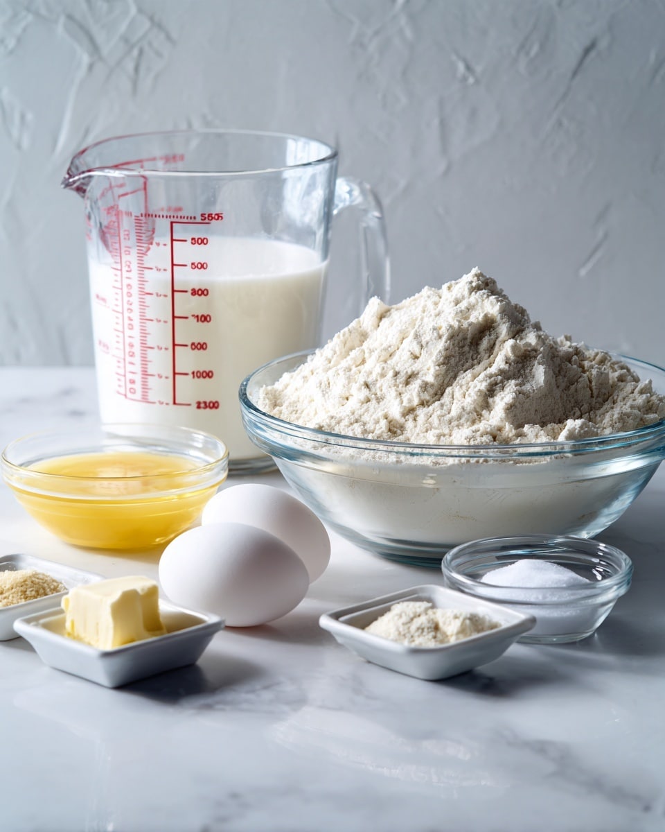 A clear glass bowl full of white flour is placed on the right side of the image on a white marbled surface. To the left and slightly in the back, there is a clear measuring cup filled with a white liquid, likely milk, showing red measurement marks. In front of the measuring cup is a small clear glass bowl with melted yellow butter. Next to it, there are two white eggs placed side by side on the surface. Between the eggs and the butter bowl, two small white square dishes contain dry ingredients, one with a beige powder (yeast) and the other with white granules (salt). To the right of the eggs, a small clear glass bowl holds a white powdery ingredient, likely sugar. The background is a light gray wall with a subtle texture. Photo taken with an iphone --ar 4:5 --v 7