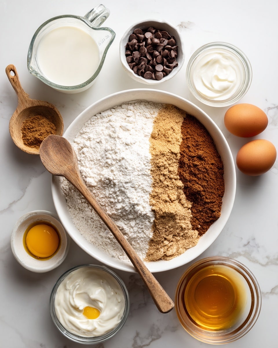 The image shows a white bowl filled with several dry ingredients layered together: white flour, light brown flour, white sugar, and a small pile of brown spice on the left side. A wooden spoon is resting inside the bowl. Surrounding the bowl on a white marbled surface are several small containers and items: a glass measuring cup with milk on the top left, a small round white bowl with dark chocolate chips below it, two brown eggs to the right of the white bowl, a clear glass container with a light liquid near the top right, a glass bowl filled with white yogurt with a small wooden spoon in it at the bottom left, a small glass bowl with golden oil next to it, and a round glass bowl of amber syrup near the bottom right. Photo taken with an iphone --ar 4:5 --v 7