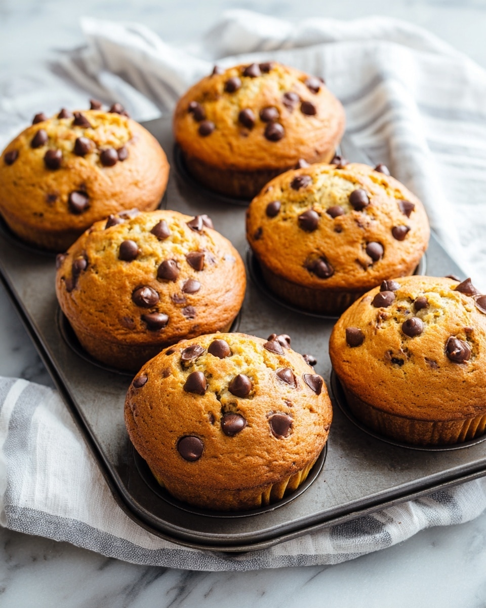The image shows six round golden-brown chocolate chip muffins arranged closely in two rows on a dark metal muffin tray. Each muffin is thick with a slightly cracked rough top, filled with many dark chocolate chips that stand out against the lighter muffin base. The tray sits on a white marbled surface with a soft striped white and gray cloth casually placed next to it. The muffins have a slightly rough texture on top that looks soft and moist inside. photo taken with an iphone --ar 4:5 --v 7
