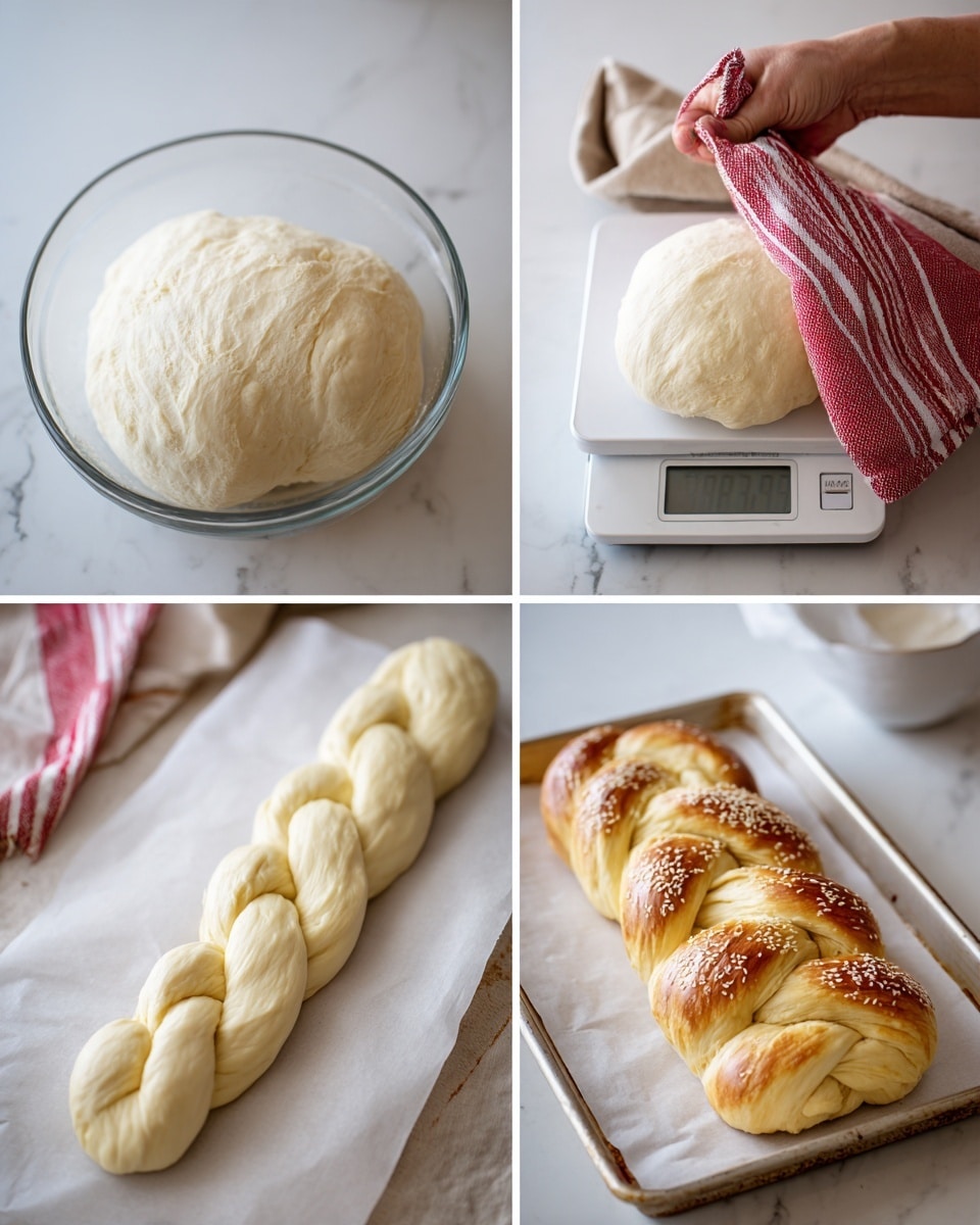 The image shows a step-by-step process of making braided bread dough on a white marbled surface. It starts with dough resting inside a clear glass bowl, covered by a light brown cloth, then the dough is shown risen and overflowing in the bowl. Next, the dough ball is placed directly on the white marbled surface, appearing soft and smooth with a pale beige color. The dough is then divided and weighed on a white digital scale. It is rolled into three long, uneven strands with a slightly rough texture and pale beige color, laid side by side on the surface. The strands are braided into a thicker, smooth loaf and placed on white parchment paper on a baking tray. A woman's hand partially covers the braided dough with a red-striped cloth. Finally, the baked loaf is golden brown with a shiny crust, topped with some white sesame seeds, resting in a white tray. The photo taken with an iphone --ar 4:5 --v 7