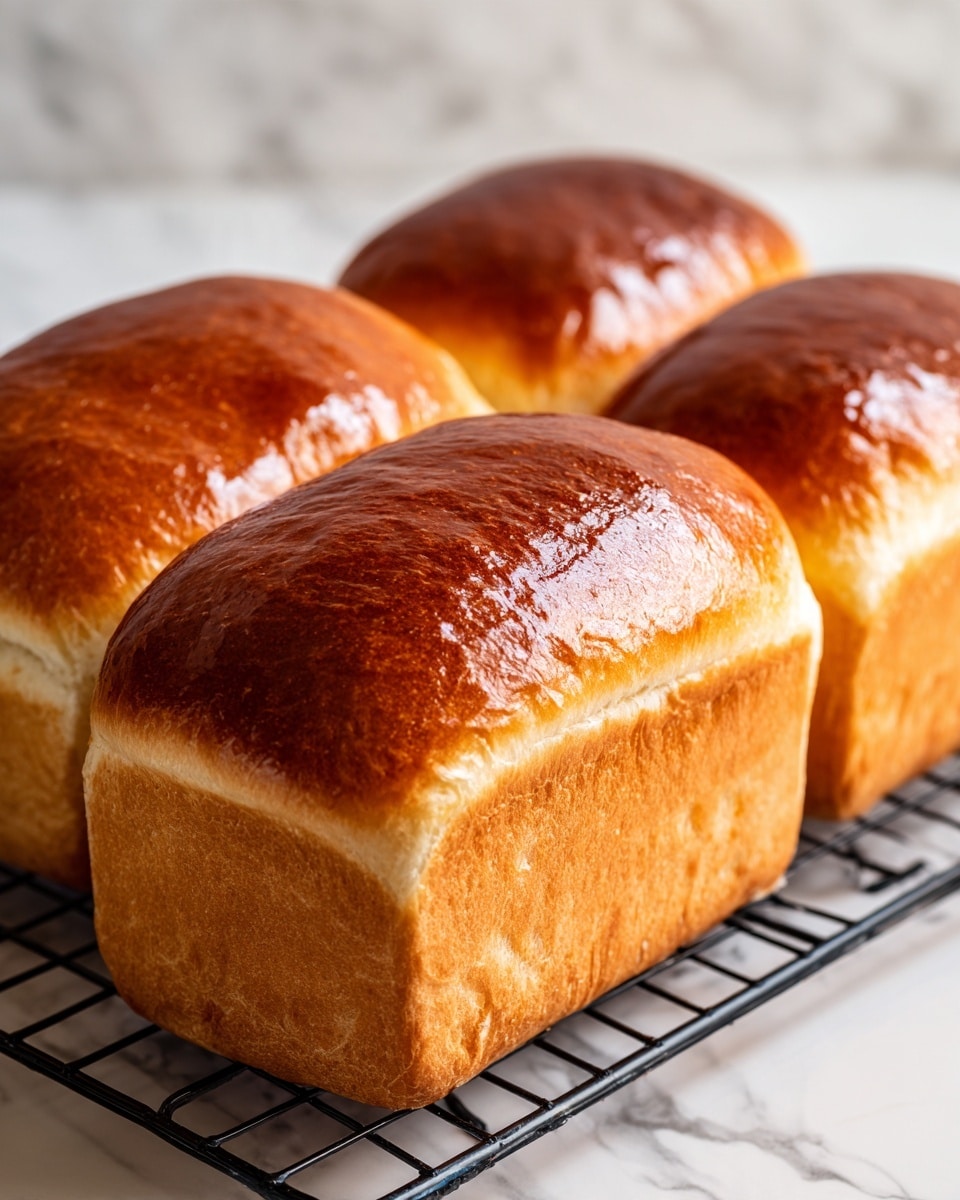 Three shiny golden brown loaves of soft bread sit side by side on a black wire cooling rack. The top crusts are smooth and glossy with a light reflection, while the edges are rounded and slightly lighter in color. The bottom part of each loaf is pale and fluffy, showing their soft texture. The background is a white marbled surface that adds a clean contrast to the warm tones of the bread. photo taken with an iphone --ar 4:5 --v 7