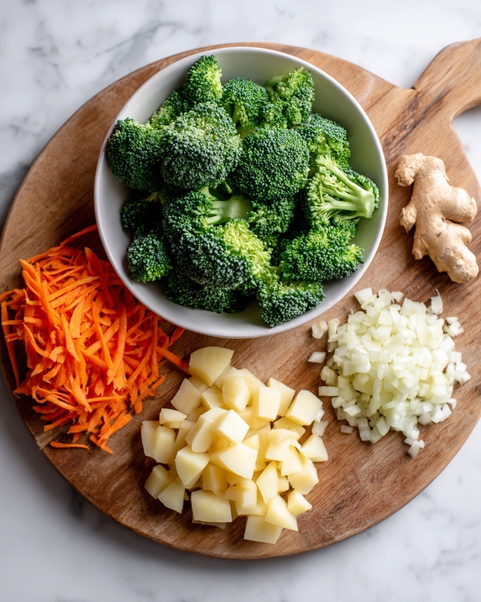 The image shows a wooden board on a white marble surface with four piles of chopped vegetables and a bowl. In the center, there is a white bowl filled with bright green broccoli florets. To the left of the bowl, there is a pile of thin orange shredded carrots near the edge of the board. Below the carrots is a heap of small pale yellow chopped potato cubes. To the right of the bowl, there is a small mound of finely chopped white onion. At the top right corner of the board, there is a small piece of ginger. The scene is simple and clean with natural colors. Photo taken with an iphone --ar 4:5 --v 7