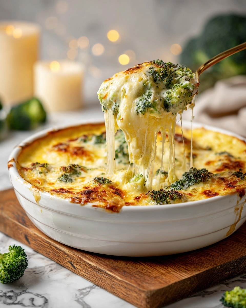 A round white dish filled with a baked broccoli and cheese casserole. The casserole has layers of bright green broccoli florets and a creamy, melted cheese sauce that is light yellow and bubbly. The top layer is golden brown and slightly crispy with some darker spots. A spoon lifts a portion, showing the stretchy, melted cheese stretching from the dish. The dish sits on a wooden board on a white marbled surface. In the background, there is soft warm lighting with blurred elements like a candle and green broccoli pieces. Photo taken with an iphone --ar 4:5 --v 7