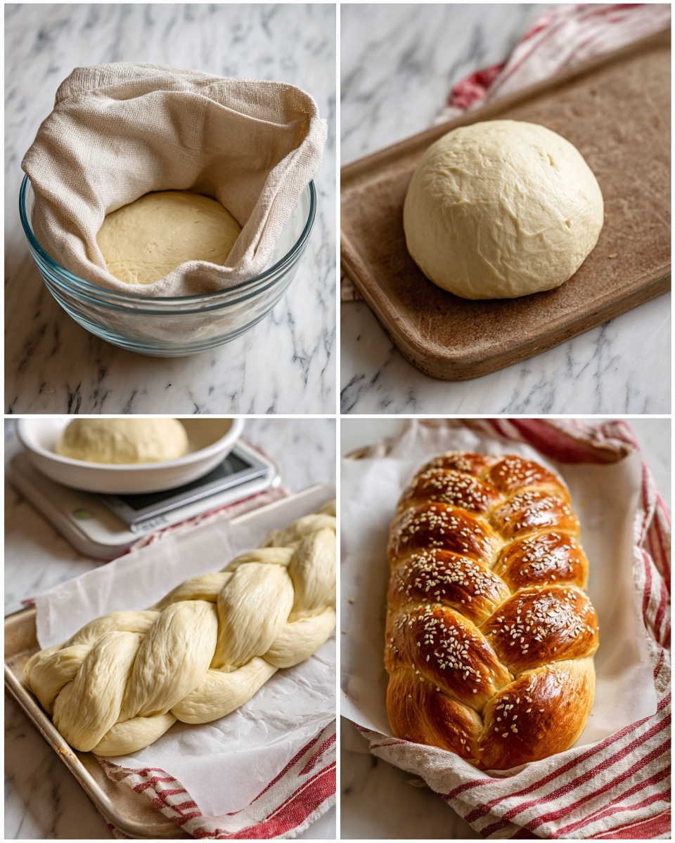 The image shows a step-by-step process of making braided bread dough. It starts with a clear glass bowl holding dough covered with a beige cloth, placed on a white marbled surface. The dough is then shown risen and overflowing from the same bowl, which sits on a brown cutting board covered in a beige cloth. Next, the dough appears as a round, smooth ball on the white marbled surface. A smaller piece of dough rests on a digital scale showing 29 grams. The dough is shaped into three long, uneven ropes on the white marbled surface. These ropes are braided into a thick loaf on a white tray with parchment paper. The braided dough is partially covered by a red and white striped cloth while on the tray. Finally, a shiny golden loaf with sesame seeds on top sits inside a round white bowl. photo taken with an iphone --ar 4:5 --v 7