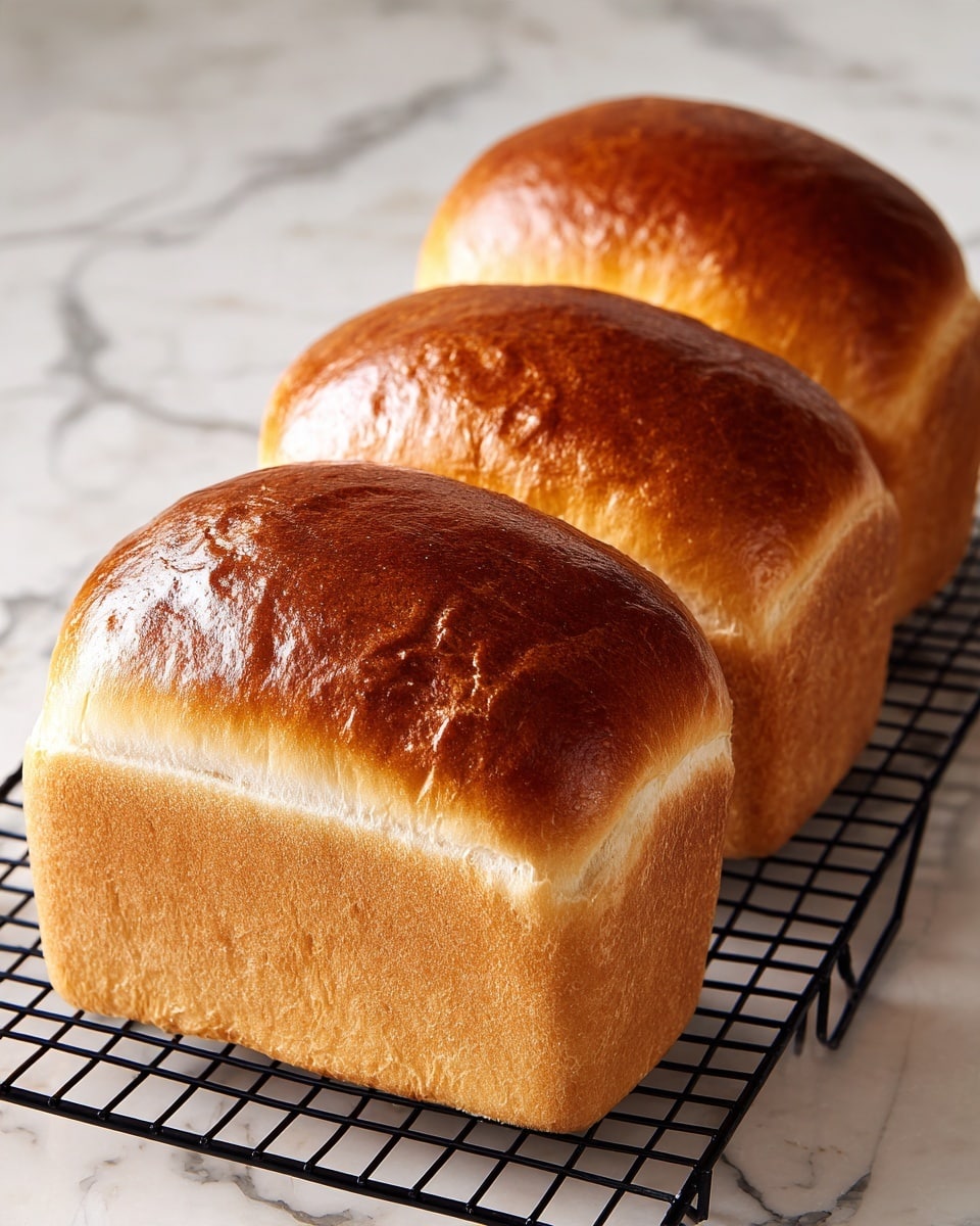 Three fresh loaves of shiny golden brown bread rest side by side on a black wire cooling rack. Each loaf has a smooth, slightly rounded top with a glossy finish that reflects light softly. The sides of the bread are pale, soft white with a fluffy texture visible along the edges where the dough expanded. The rack sits on a white marbled surface with subtle veins, adding a clean and fresh background to the warm bread. photo taken with an iphone --ar 4:5 --v 7