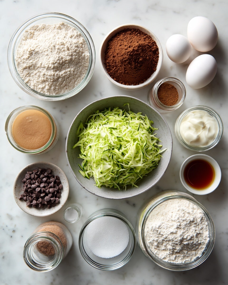 A top view of various baking ingredients placed on a white marbled surface; at the center is a gray bowl filled with shredded green zucchini, surrounded by eleven small containers: two white eggs near the top right, a small jar of white cream, a small white bowl of brown cocoa powder, a tall glass jar of light brown sugar, a small glass jar with dark chocolate chips, a small bottle of vanilla extract, a large glass jar of white flour, a large glass jar of white granulated sugar, and two small glass jars with salt and baking soda. photo taken with an iphone --ar 4:5 --v 7