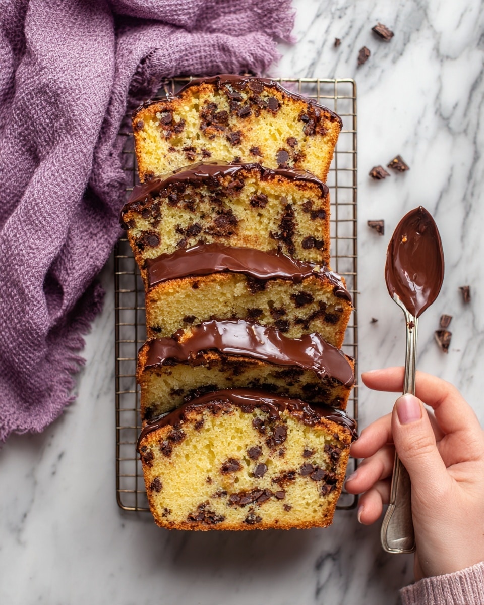 Four slices of yellowish cake with many small dark chocolate chips inside are placed on a metal rack over a white marbled surface. Each slice has a smooth layer of melted dark chocolate spread thickly on top, adding a glossy dark brown shine. The cake texture looks soft and moist, with some crumbs around. A woman’s hand holds a spoon with melted chocolate in the bottom right corner. There is a purple cloth on the top left side of the frame. photo taken with an iphone --ar 4:5 --v 7