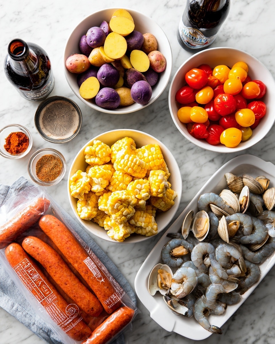The image shows a collection of fresh ingredients laid out on a white marbled surface: a white bowl with small, colorful potatoes cut into halves, showing yellow and purple flesh; a white bowl filled with red and yellow halved cherry tomatoes; a white bowl containing several clams with brownish shells; a white bowl piled high with yellow corn cut into thick rounds; a white oval plate holding uncooked shrimp with grayish-white shells and tails intact; and a large package of Cajun-style smoked sausage with a vibrant orange color placed near the center. Additional items visible include a dark beer bottle and a spice container. The image is brightly lit and organized to display each ingredient clearly, photo taken with an iphone --ar 4:5 --v 7