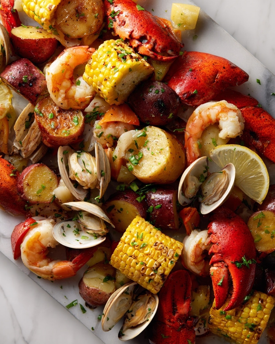 The dish shows a close-up of a mix of seafood and vegetables layered together on a white marbled surface. There are bright red lobster tails at the bottom and scattered around, orange and pink shrimp curled and sprinkled over the dish, and open clams with white and gray shells revealing their light beige insides near the top right. Mixed in are chunks of roasted potatoes with dark red skin and light yellow flesh, slices of reddish-brown sausage, and pieces of grilled corn with a shiny golden-yellow and white pattern in the center. Small lemon wedges with light yellow skin and white flesh are placed throughout. The entire dish is lightly sprinkled with green herbs, adding small bright spots. photo taken with an iphone --ar 4:5 --v 7