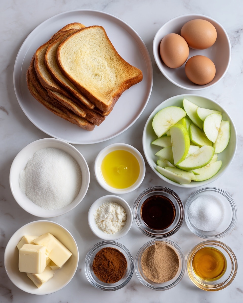 The image shows several ingredients arranged neatly on a white marbled surface. On the left is a white plate holding six slices of golden brown bread, stacked slightly overlapping. To the right are small white round bowls and glass bowls in three rows: the top row has a bowl of white cream, two brown eggs, and a bowl with light green apple slices. The second row includes a small bowl of white sugar, melted yellow butter, and brown sugar. The bottom row holds small bowls with dark brown vanilla extract, light tan brown sugar, cinnamon powder, nutmeg, salt, a cube of butter, more cinnamon, and a thick golden syrup. Everything is clear and orderly. photo taken with an iphone --ar 4:5 --v 7