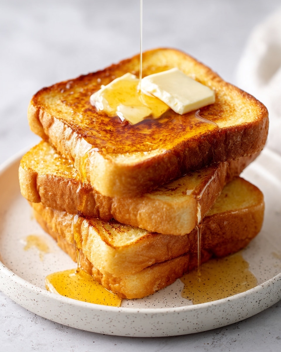 A stack of three thick slices of toasted bread is shown on a white plate with small speckles on the edges. Each toast slice is golden brown with a crisp texture. On top of the stack, two small pats of melted butter sit, with syrup slowly dripping down from the top slice to the sides of the stack. The background surface is a white marbled texture. photo taken with an iphone --ar 4:5 --v 7