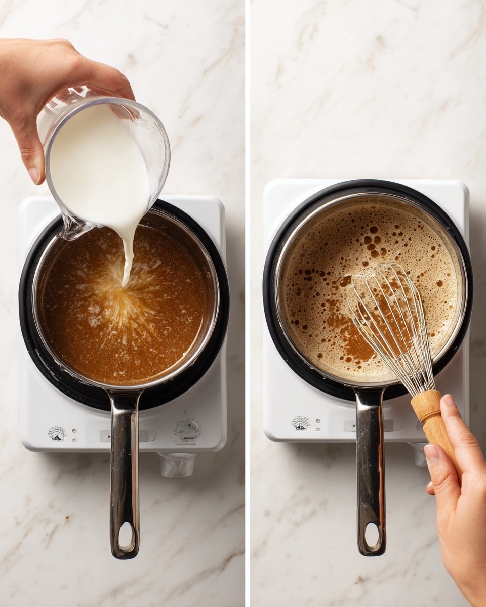 The image shows two side-by-side photos of a black pot on a white electric stove, placed on a white marbled surface. In the left photo, a woman's hand is pouring white milk from a clear measuring cup into the pot, which already contains a brown mixture with some bubbles. In the right photo, the brown mixture has turned smooth and thick with bubbles on the surface, while a woman's hand is whisking it with a whisk that has a light wooden handle. Photo taken with an iphone --ar 4:5 --v 7