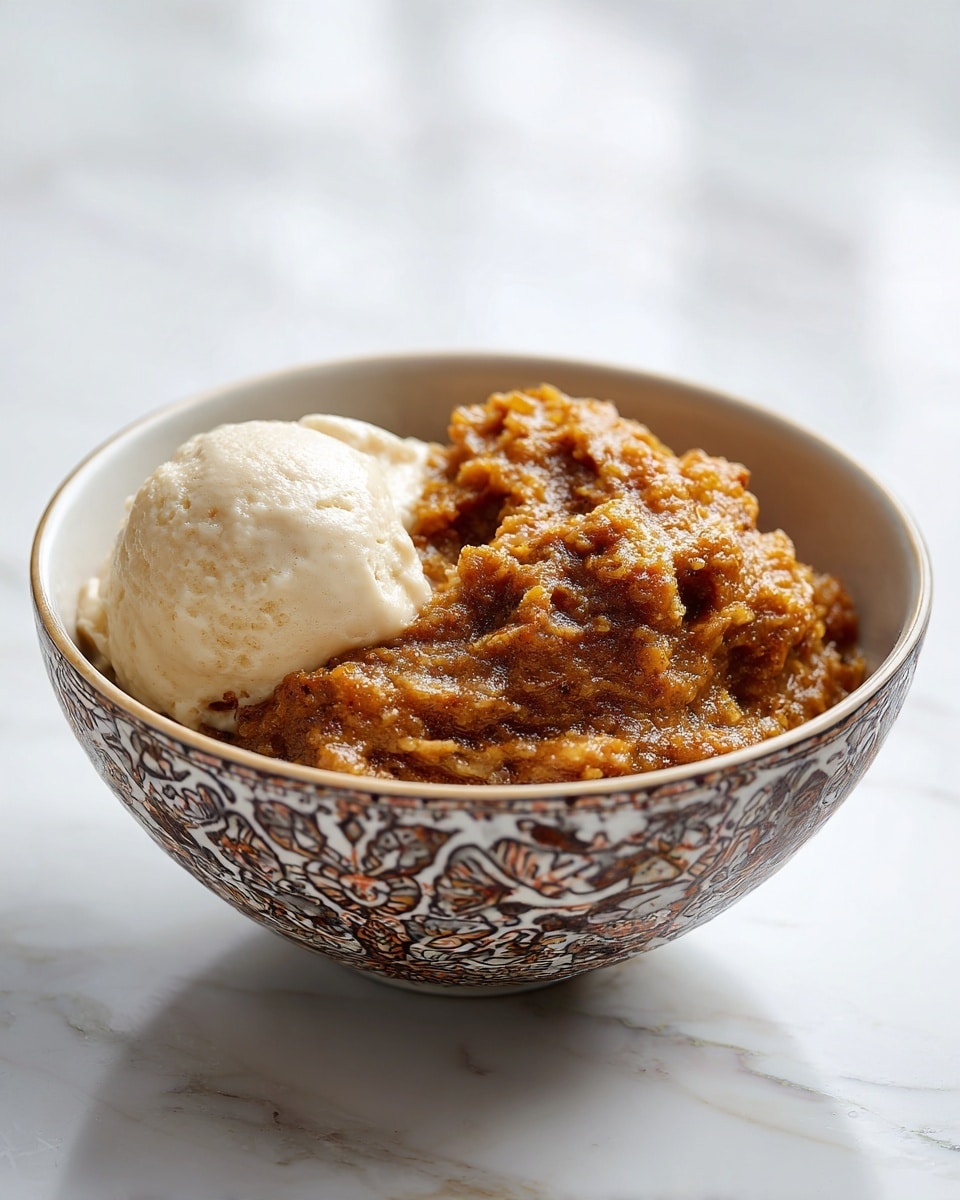 A close-up view of a textured brown stew served in a white bowl with intricate floral and geometric patterns on its outside. The stew has a thick, chunky consistency with different shades of brown ranging from light to darker tones, giving it a rich and hearty look. On one side of the bowl, there is a smooth scoop of light beige ice cream or cream, contrasting with the stew. The bowl is placed on a white marbled surface, and the background is softly blurred with a bright, airy feel. photo taken with an iphone --ar 4:5 --v 7