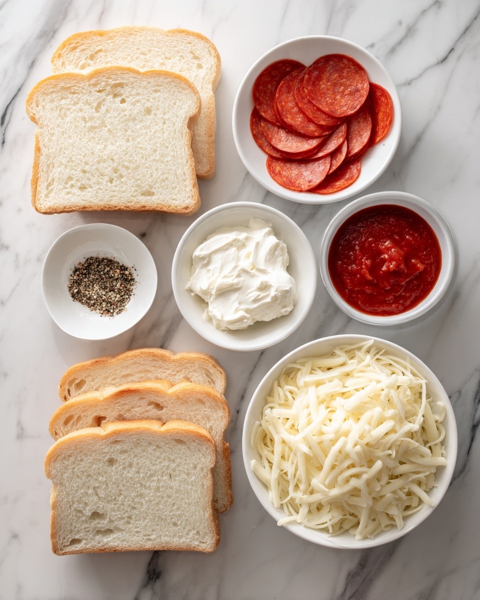 The image shows ingredients for making pizza arranged neatly on a white marbled surface. There are five slices of white bread stacked on the bottom left, next to a small white bowl filled with round slices of red pepperoni at the top left. In the center are three small white bowls—one with white cream cheese, one with bright red tomato sauce, and one with mixed black and white pepper. To the right, there is a clear stack of six slices of white cheese with holes, placed above a white bowl filled with shredded mozzarella cheese. The whole setup looks clean and organized. Photo taken with an iphone --ar 4:5 --v 7