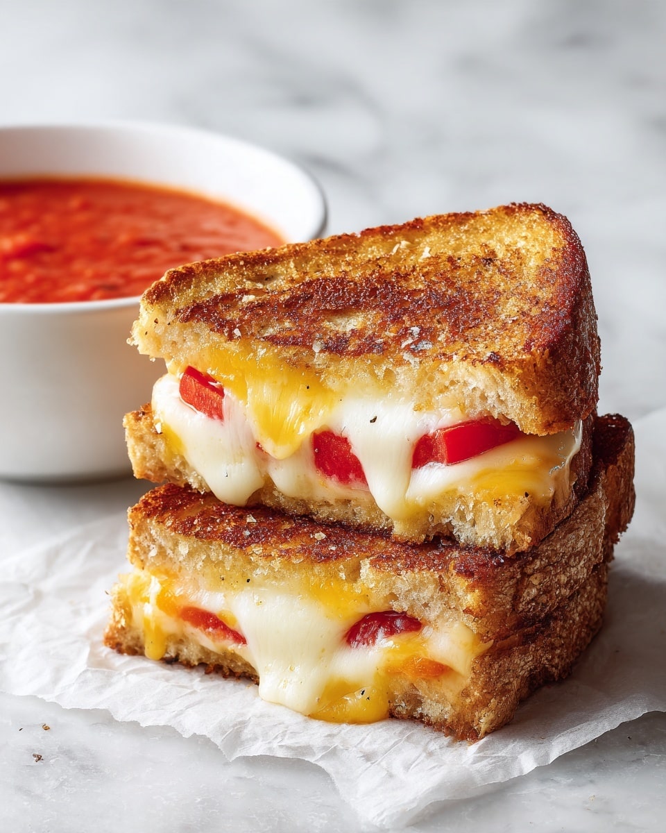 The image shows two golden-brown grilled cheese sandwiches stacked on a piece of white parchment paper over a white marbled surface. Each sandwich slice is crispy with a rich toasted texture, with melted cheese and slices of red tomato visible, oozing slightly between the bread. The layers inside include the light yellow melted cheese and bright red tomato slices, giving a warm and inviting look. Next to the sandwiches, there is a bowl of chunky red tomato soup in a white bowl, complementing the dish. The background is a soft white marbled texture, adding a clean and fresh feeling. photo taken with an iphone --ar 4:5 --v 7