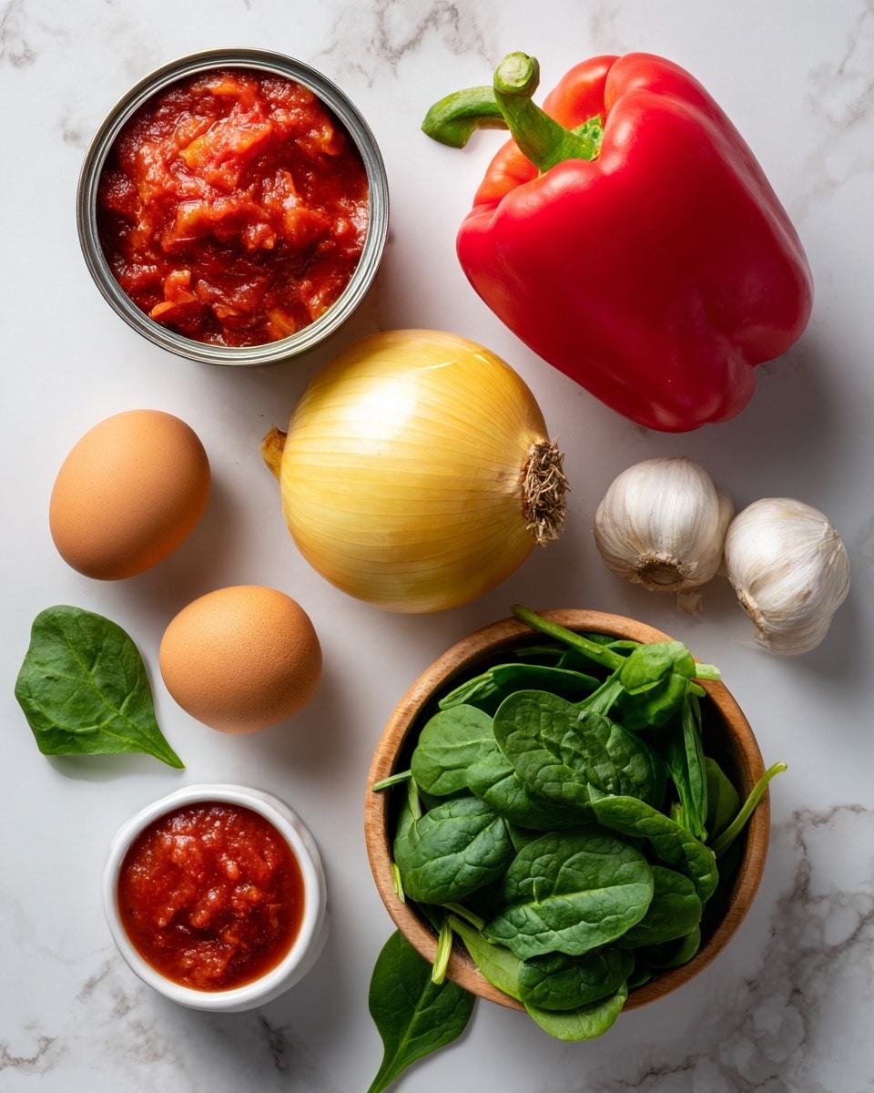 The image shows several fresh ingredients placed on a white marbled surface. At the top left, there is an open can filled with chunky red tomato sauce. Just below it, a large round yellow onion rests with its dry skin still intact. To the right of the onion lies a bright red bell pepper with a green stem. Three garlic cloves sit to the right of the pepper, near the top center. A small white bowl holds three brown eggs and is positioned at the top right. Below the eggs is a wooden bowl filled with fresh green spinach leaves, with more spinach leaves scattered loosely around the bowl. Near the center, a small white dish contains three different spices in red, yellow, and brown tones. Lastly, a small white ramekin with a chunky red sauce is placed between the onion and spinach leaves. Photo taken with an iphone --ar 4:5 --v 7