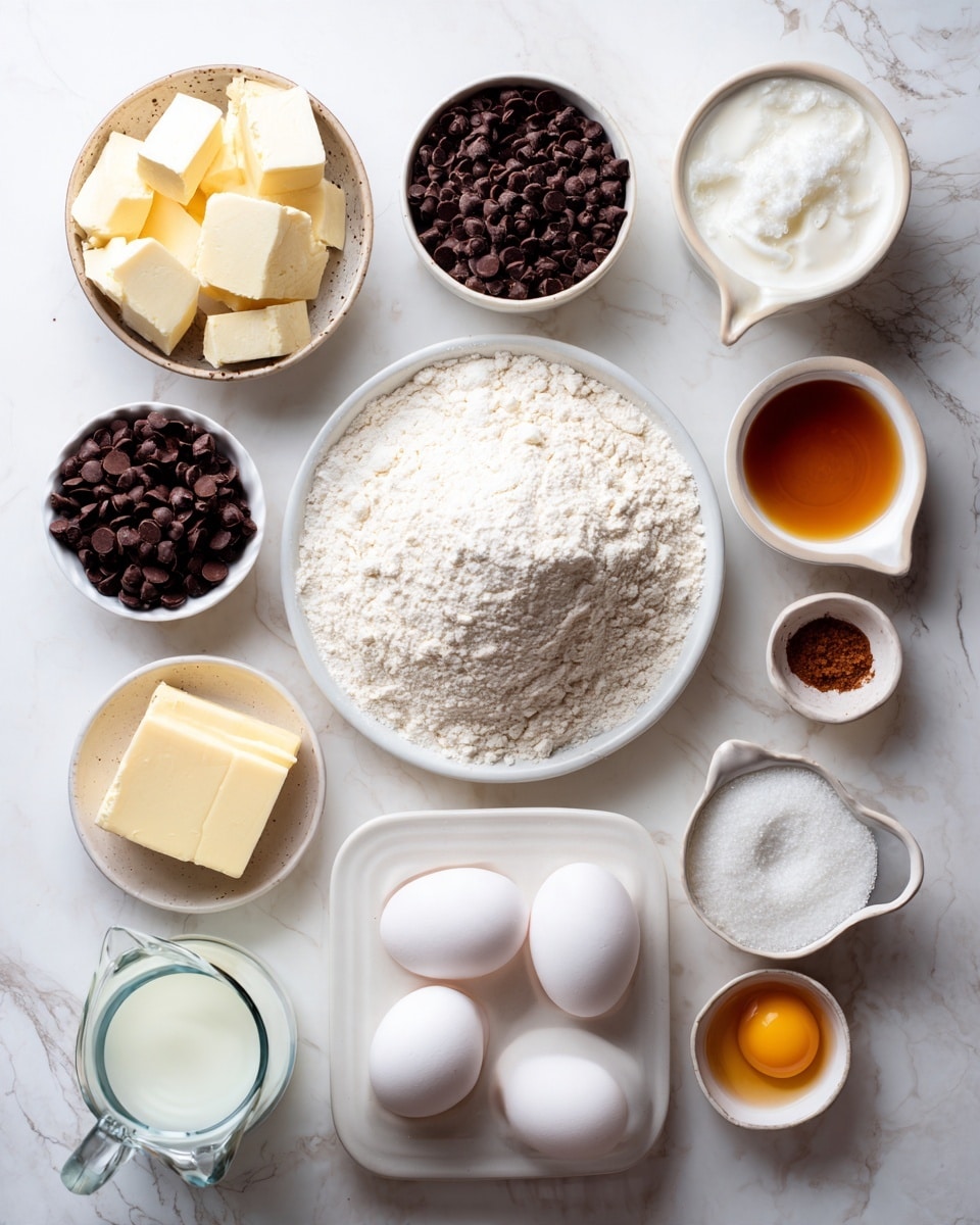 The image shows a white marbled surface with several ingredients neatly arranged for baking. At the center is a pile of white flour. Surrounding it are bowls holding dark chocolate chips, white sugar, and a small cube of butter. There are also small bowls with milk, cream, and a brown liquid, likely vanilla or syrup. Three white eggs rest in a white egg holder in the bottom left. A small bowl contains a beaten egg. A glass jar of water and a white plate with a pouring spout are also part of the setup. The scene is clean and bright, with all items spaced evenly. Photo taken with an iphone --ar 4:5 --v 7