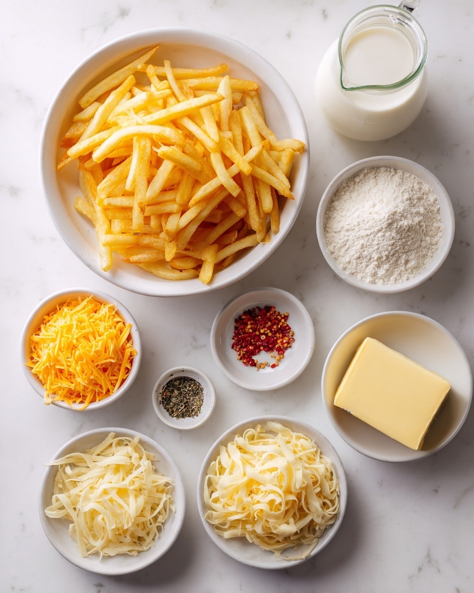 A top-down view of several white bowls and small dishes arranged neatly on a white marbled surface. The largest bowl is filled with golden yellow, thin French fries that have a crispy texture. Surrounding it are smaller white bowls containing different ingredients: bright orange shredded cheddar cheese in one bowl, pale beige shredded cheese with small red flakes in another, and a small dish with off-white flour. There is also a clear glass jug filled with white milk at the top right. Additional small dishes hold a small block of pale yellow butter, black pepper, chili powder, and creamy white sauce with a sprinkling of seasoning. The whole setup is clean and organized, emphasizing the different textures and colors of each item. photo taken with an iphone --ar 4:5 --v 7