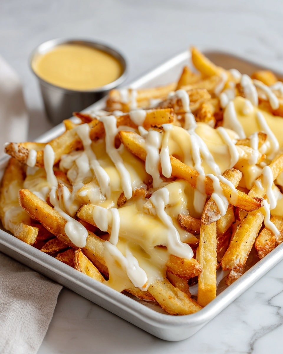 A white rectangular tray filled with crispy golden fries topped with several layers of melted pale yellow cheese and creamy white sauce drizzled evenly on top. The fries have a crunchy texture, and the cheese looks smooth and melted. On one corner of the tray, there is a small silver cup filled with a thick, yellow cheese dip. The tray is placed on a white marbled surface with a soft, bright background. photo taken with an iphone --ar 4:5 --v 7