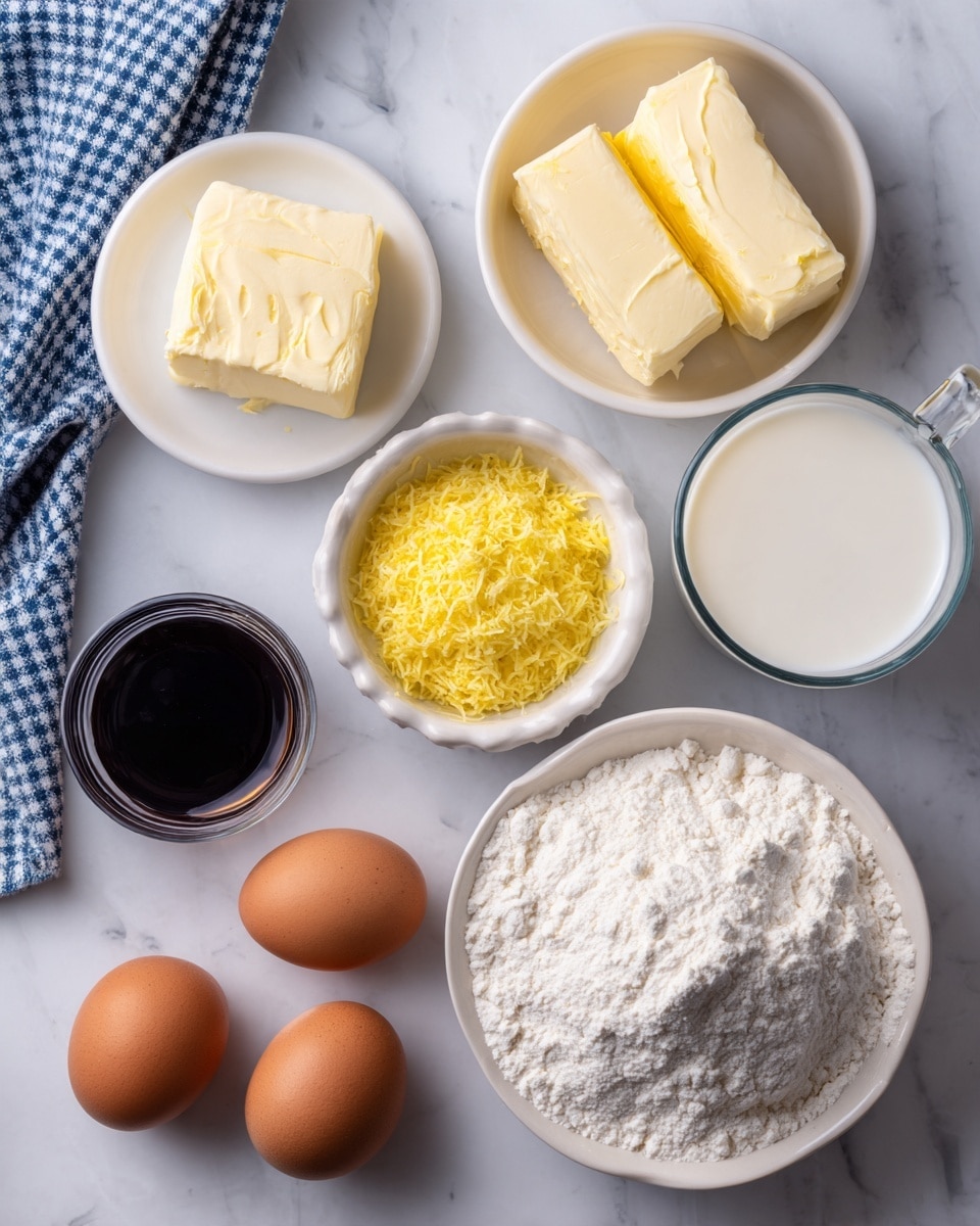The image shows ingredients arranged neatly on a white marbled surface. There are two blocks of butter placed on a small white round dish in the top left. Next to it is a small white bowl filled with yellow zest. Below these, there is a large glass cup filled with milk, a medium white bowl filled with sugar, and a medium white bowl filled with flour. Three brown eggs are placed next to each other near the bottom left on the surface. A small glass container with dark liquid is placed near the flour bowl. A blue and white checkered cloth is partially visible in the top left corner. photo taken with an iphone --ar 4:5 --v 7