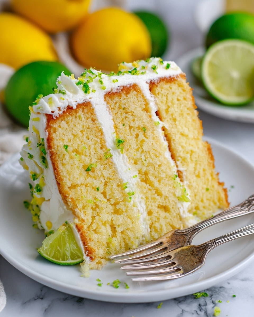 A slice of three-layer yellow cake is shown on a white plate with two silver forks beside it. Each cake layer is soft and fluffy with a light yellow color. Between and around the cake layers is smooth white frosting with small pieces of green lime zest mixed in, giving a fresh look. The top side of the cake has frosting with more lime zest sprinkled on it. In the blurred background, there are whole lemons and limes, all resting on a white marbled surface. The overall look is fresh and tasty, with bright yellow and green colors. Photo taken with an iphone --ar 4:5 --v 7