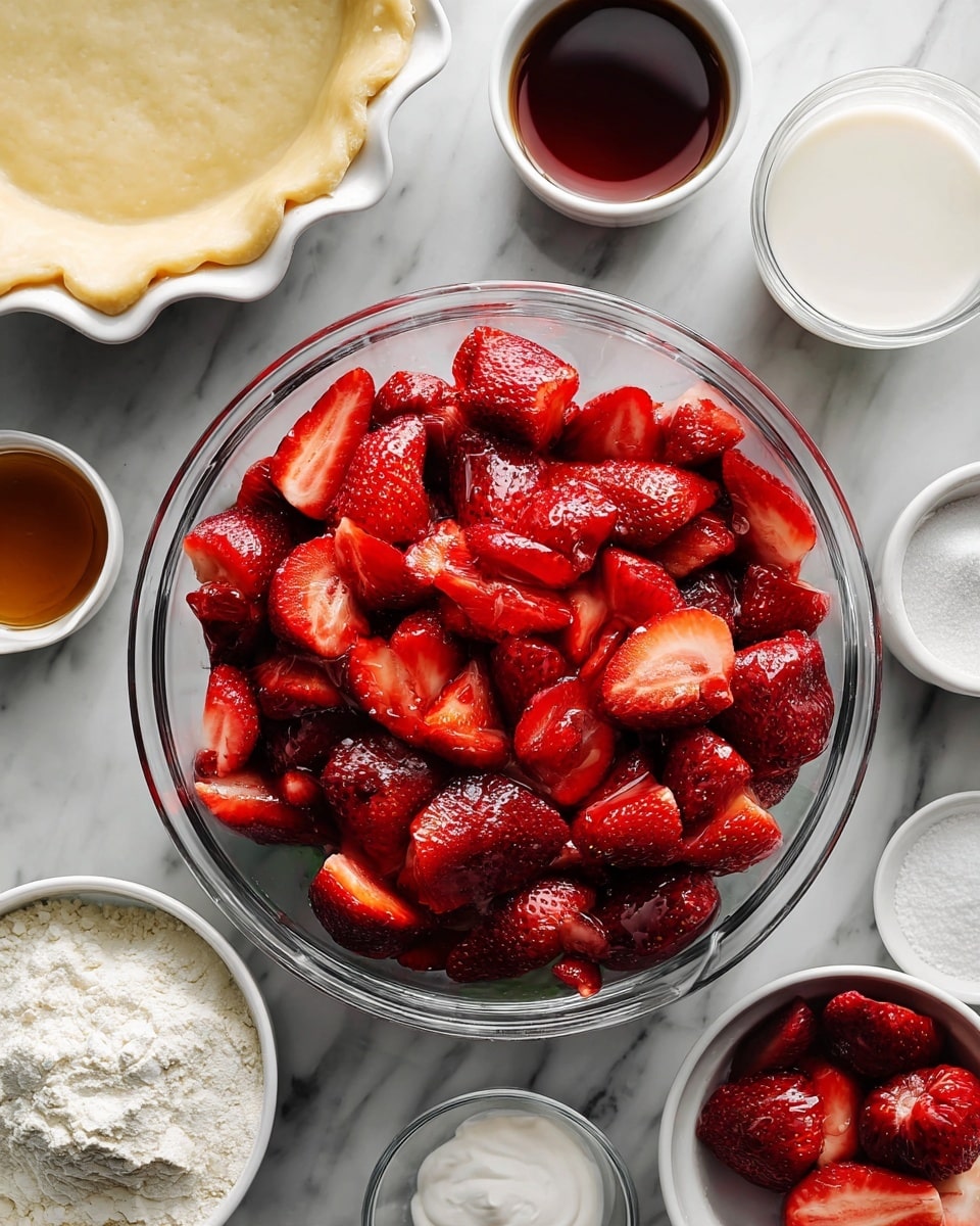 A clear glass bowl filled with fresh whole and sliced strawberries sits in the center on a white marbled surface. Surrounding the bowl are small white bowls and cups containing ingredients like powdered sugar, a dark brown liquid, milk, and flour. At the top left is an empty pie crust in a white pie dish. The colors are bright with red strawberries contrasting with the white bowls and marbled surface. photo taken with an iphone --ar 4:5 --v 7